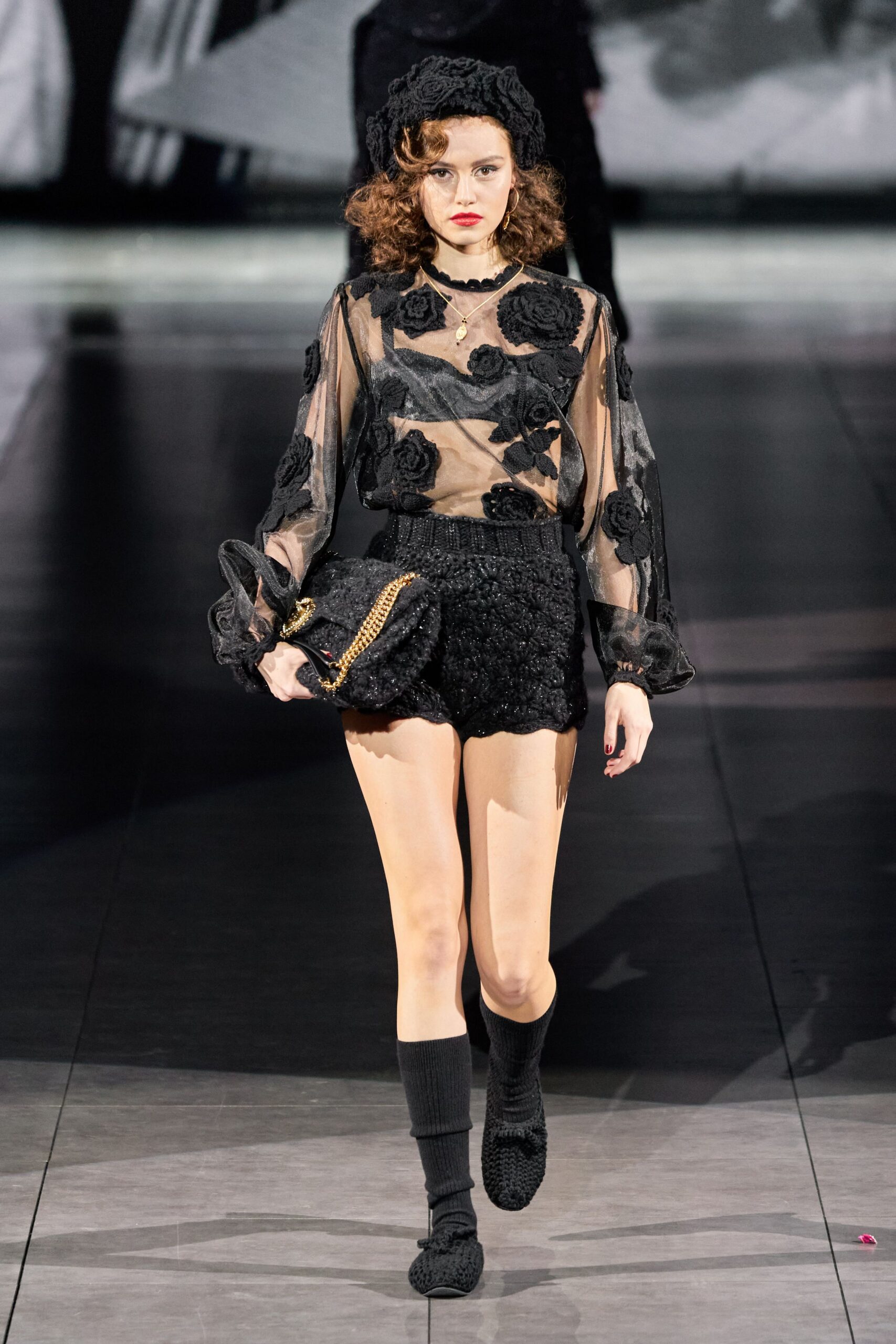 black mesh long-sleeve v-neck fitted embroidered sheer top