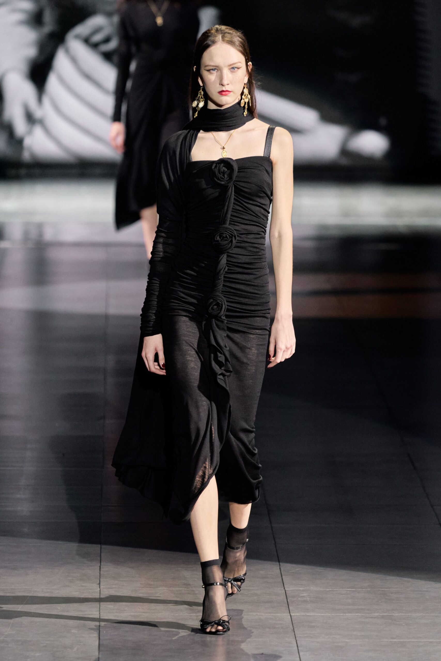 black silk sleeveless v-neck fitted ruched embellished dress