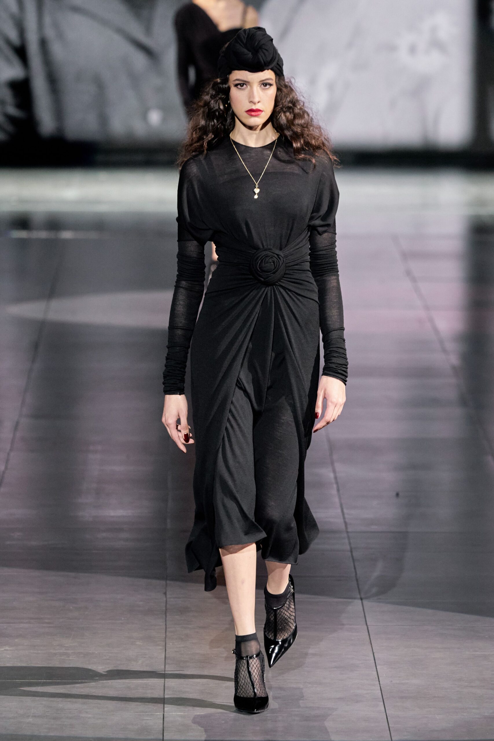 black cotton long-sleeve v-neck fitted draped belted dress