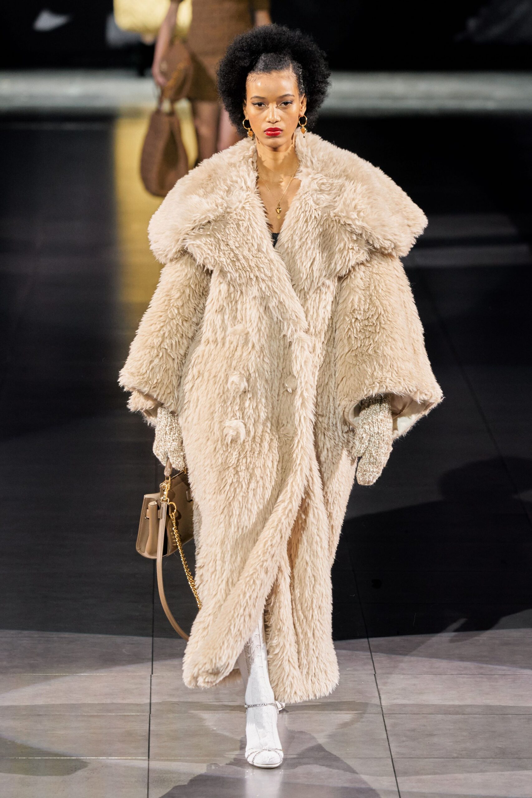 beige faux-fur oversized coat