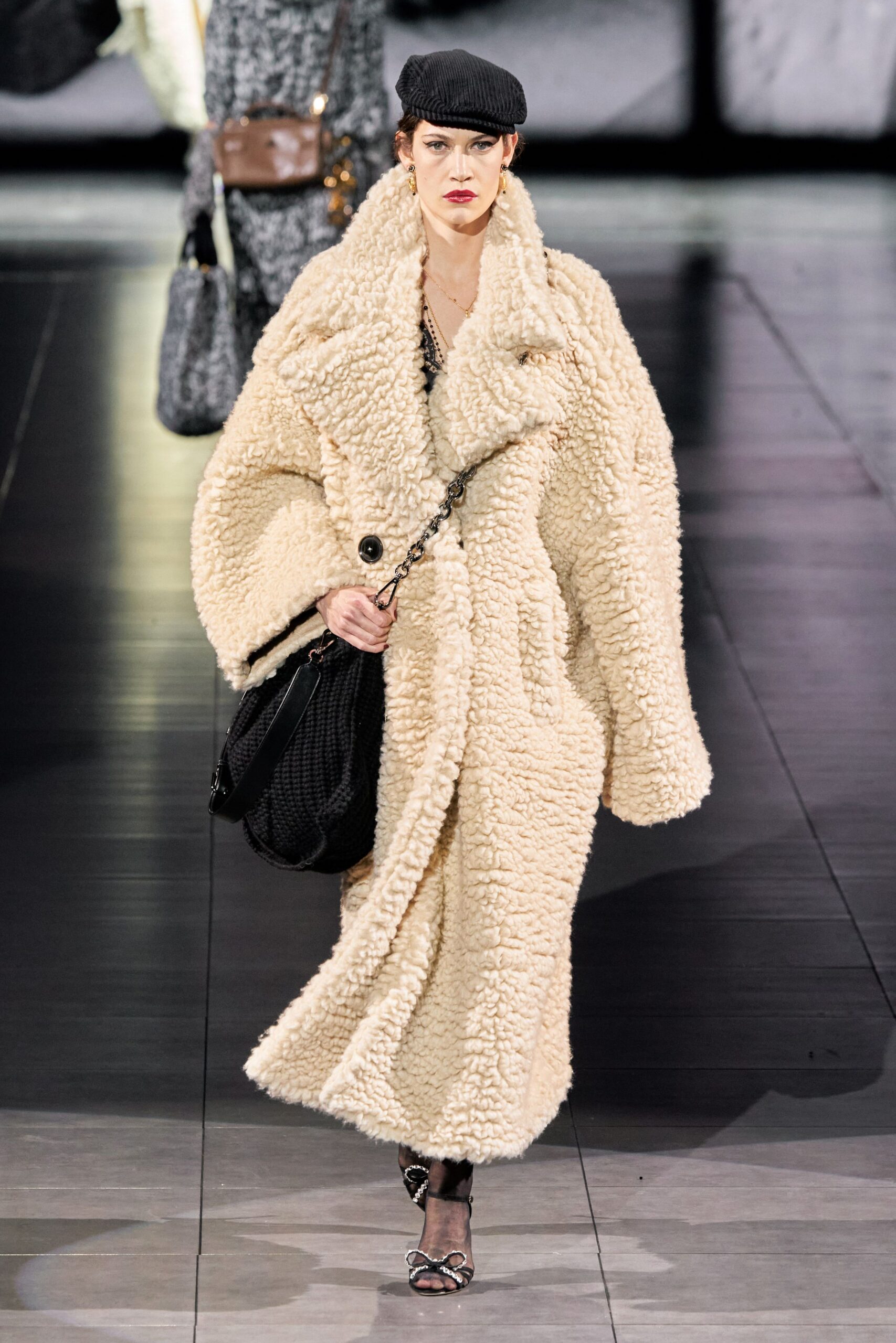 beige faux-fur oversized coat