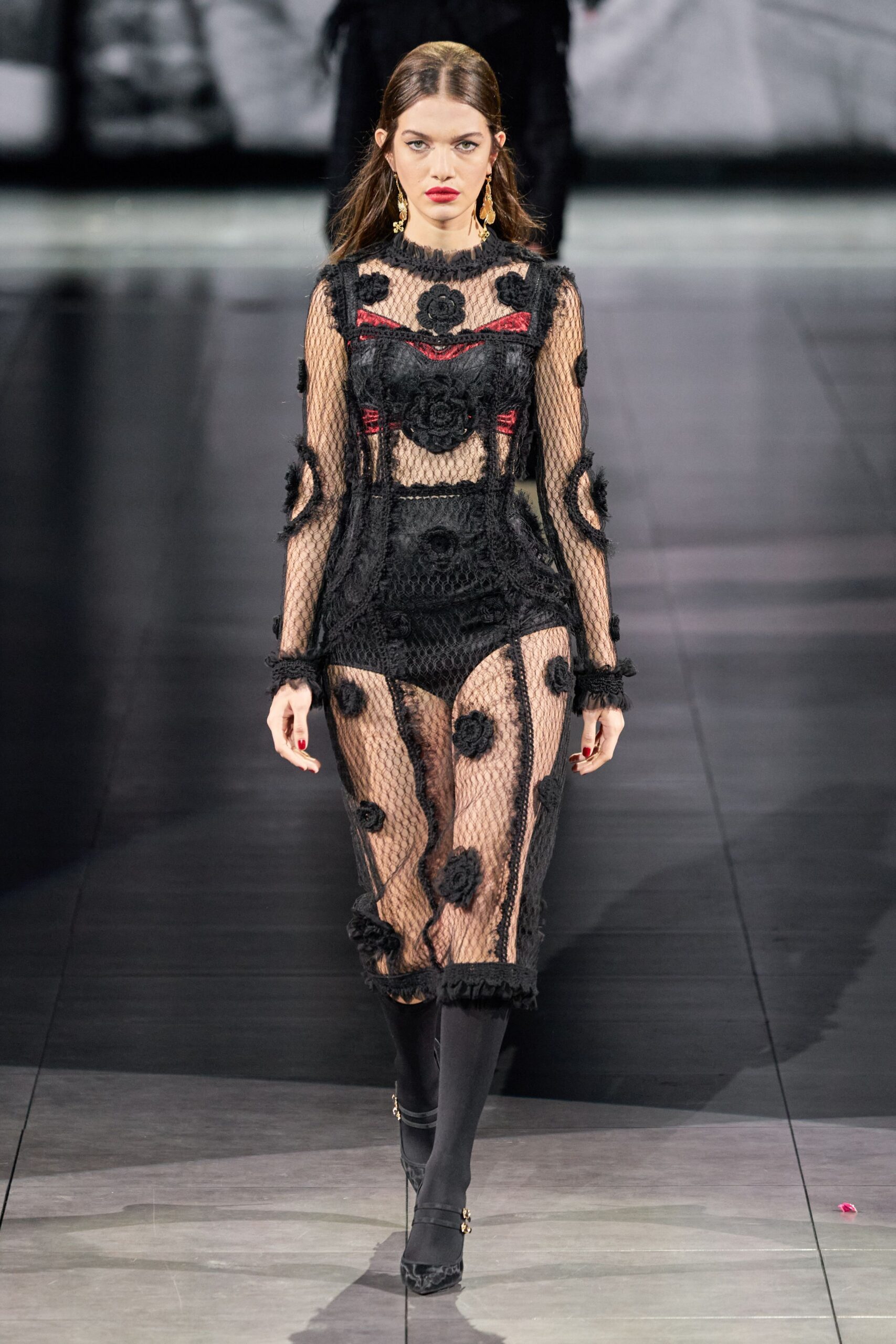 black lace long-sleeve v-neck fitted embroidered sheer dress