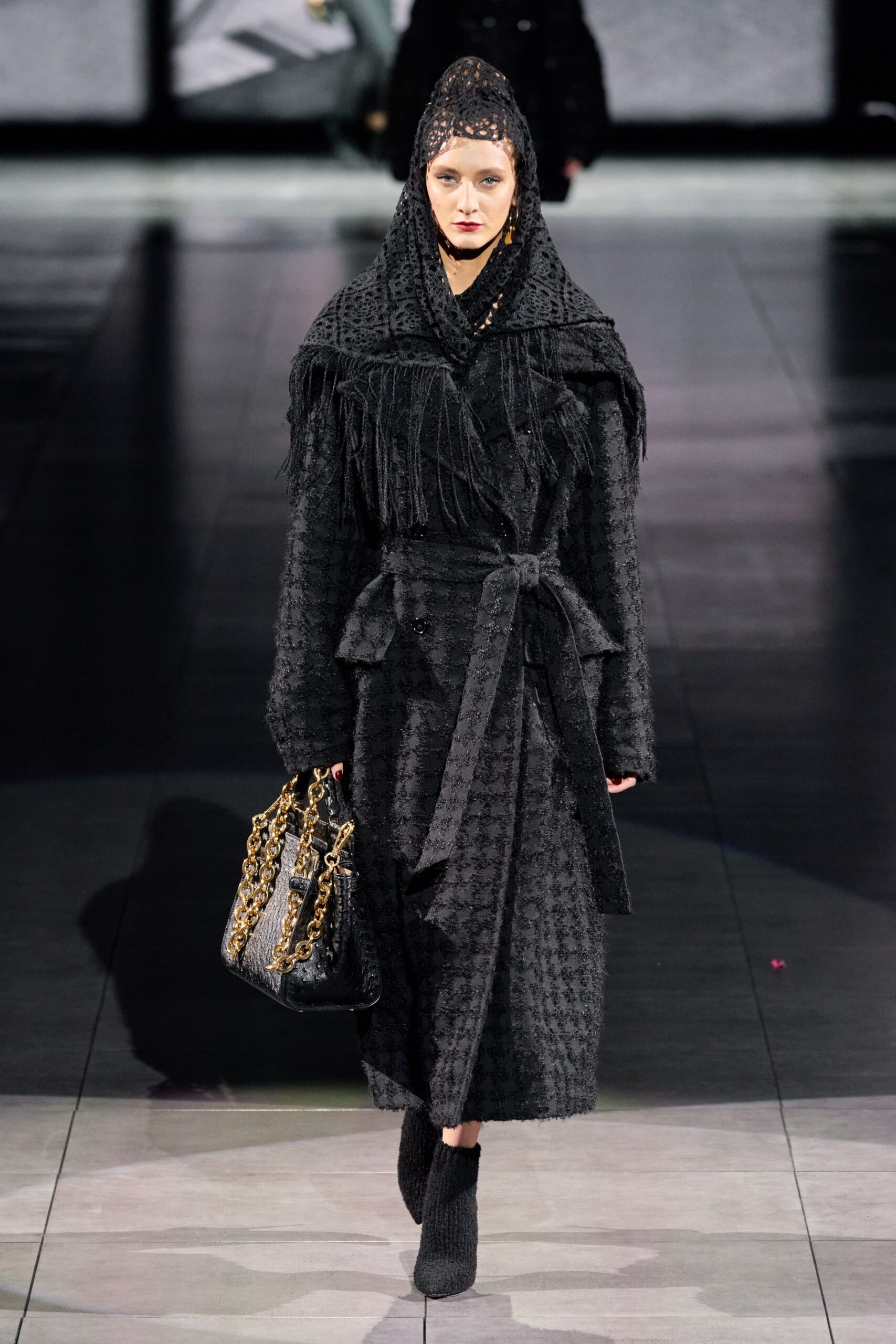black wool long-sleeve collared fitted belted fringed coat