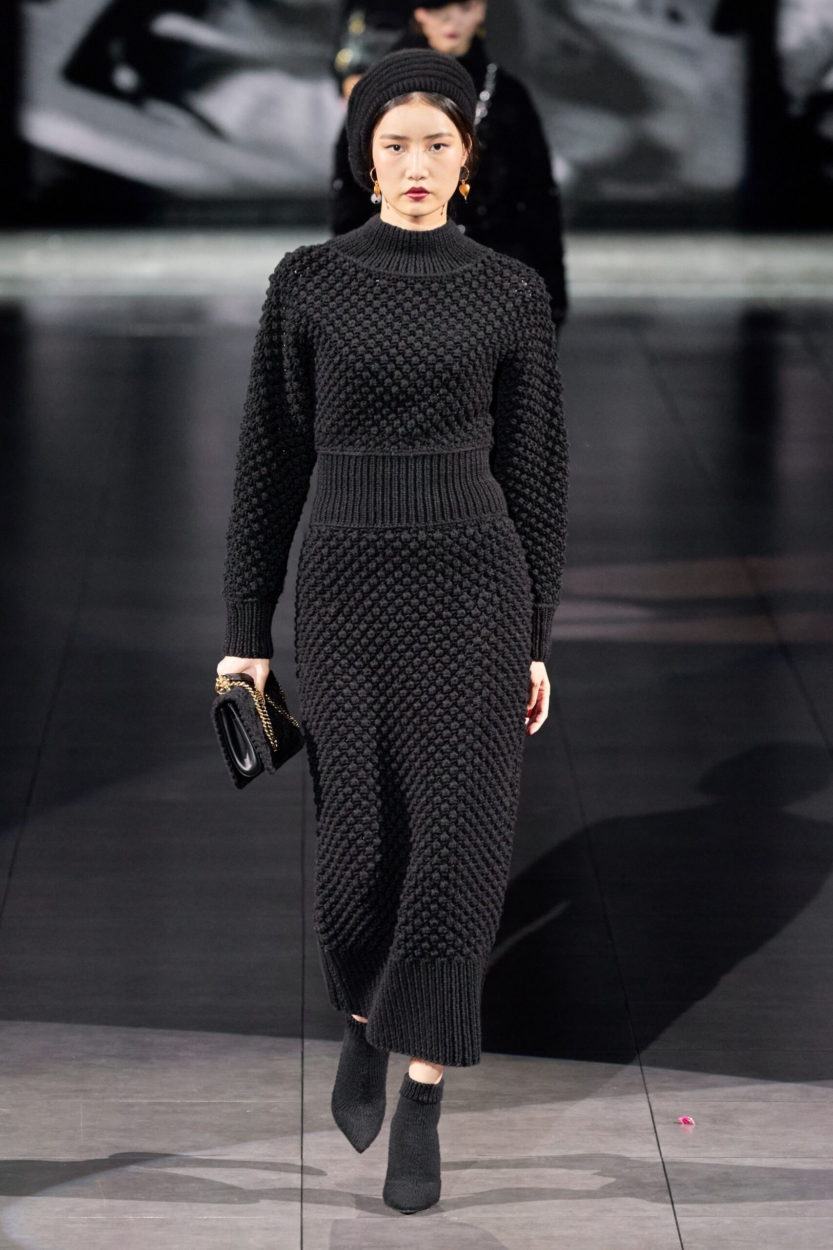 black wool long-sleeve high-neck fitted ribbed midi dress