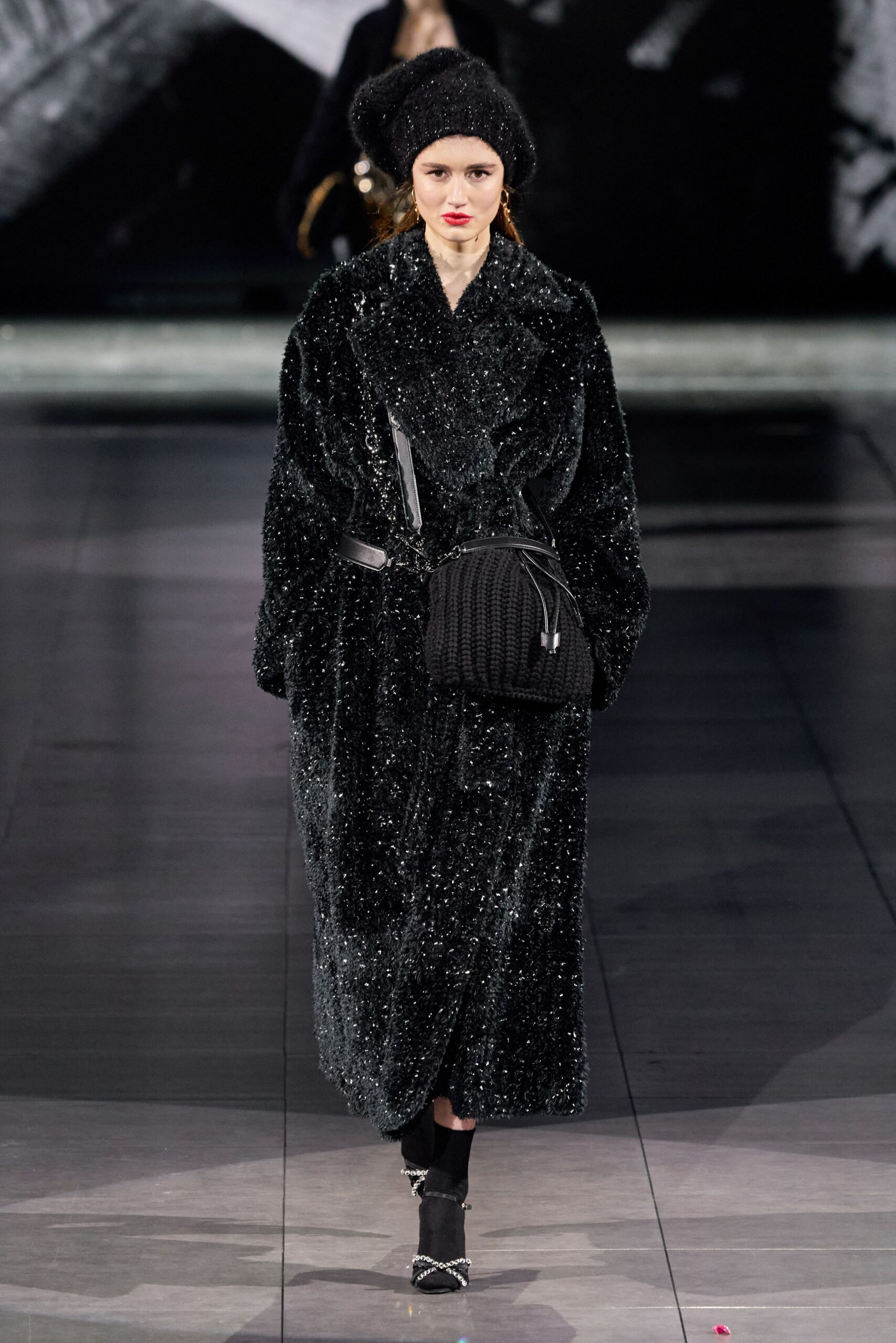 black fur long-sleeve collared relaxed beaded shiny coat