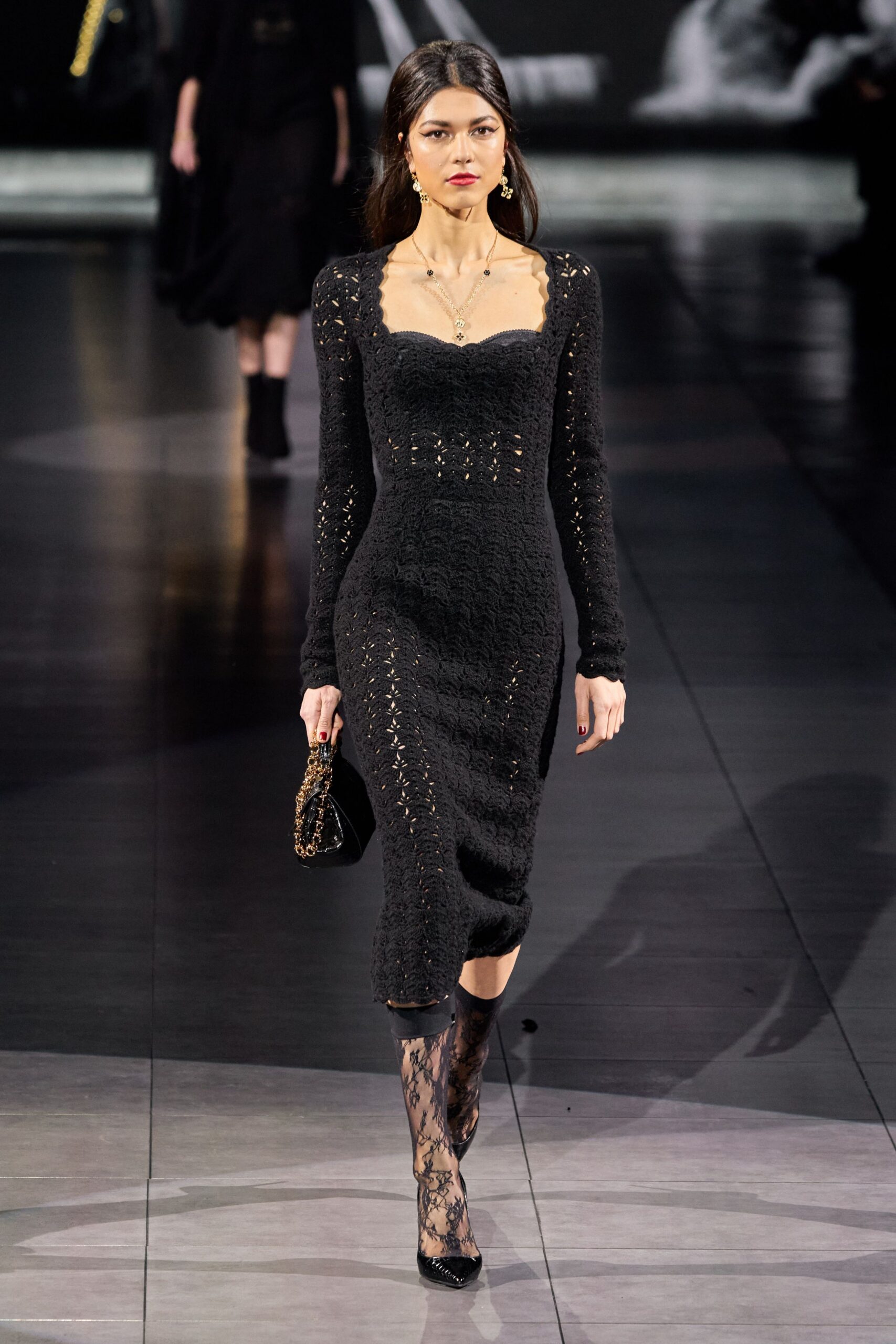 black knit long-sleeve square-neck fitted ribbed midi dress