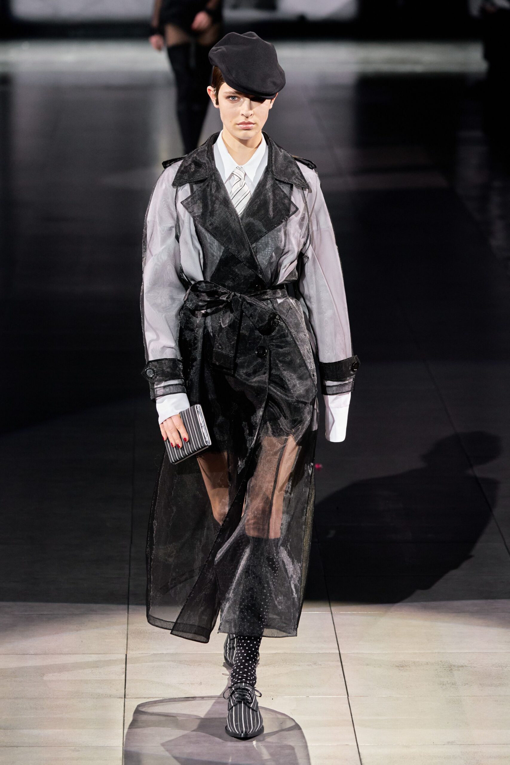 black silk long-sleeve collared fitted layered belted trench