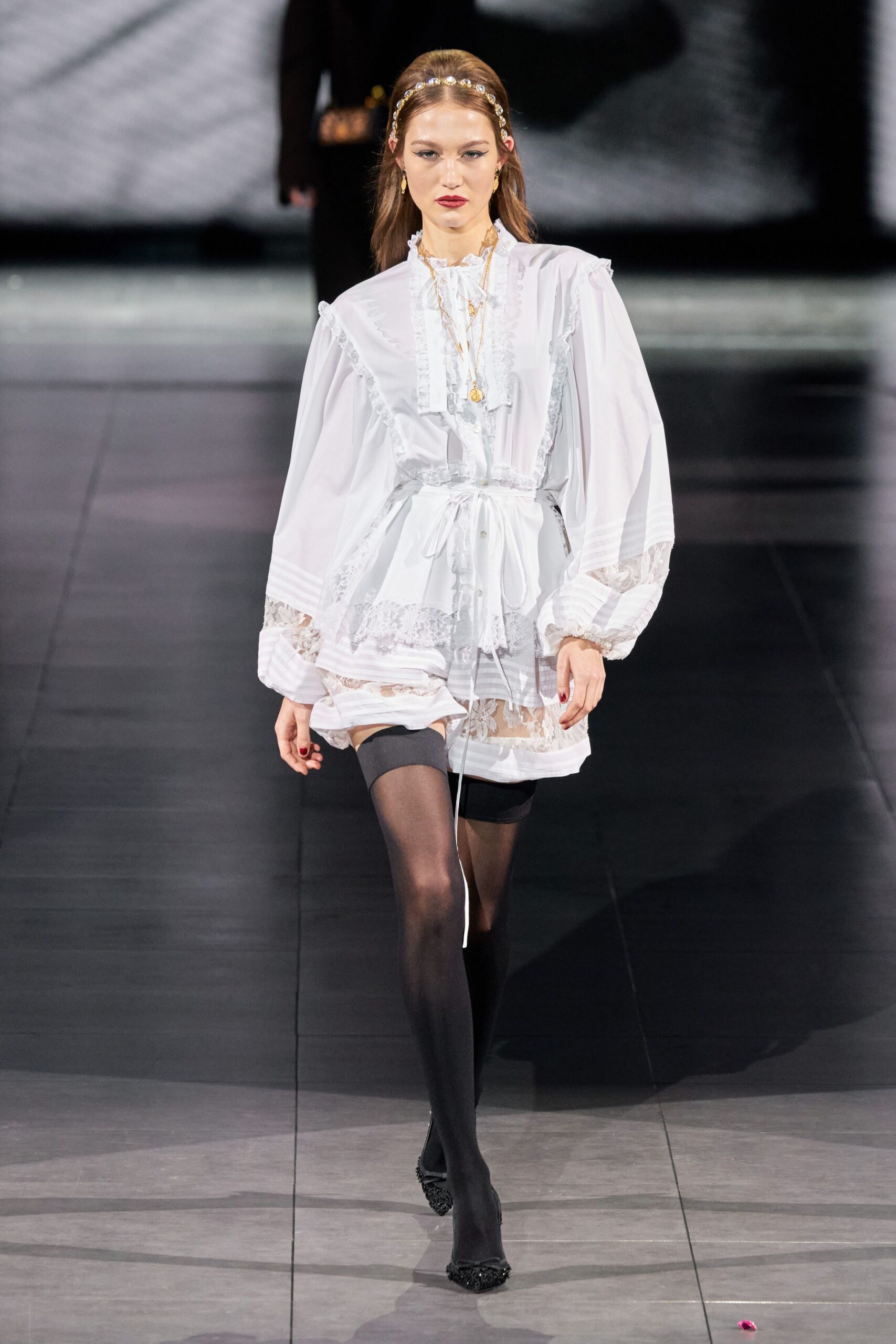 white cotton long-sleeve collared fitted ruffled embroidered dress