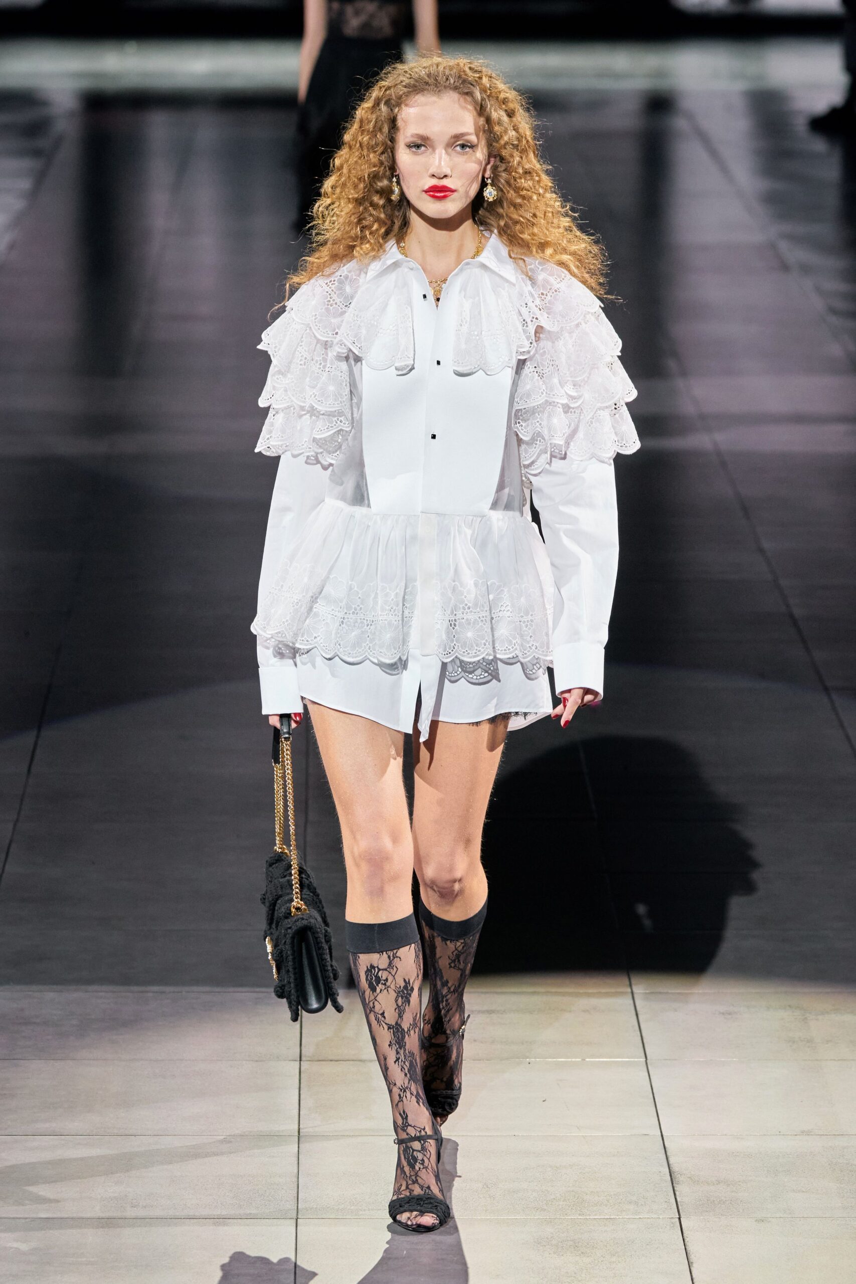 white cotton long-sleeve collared fitted ruffled embroidered dress