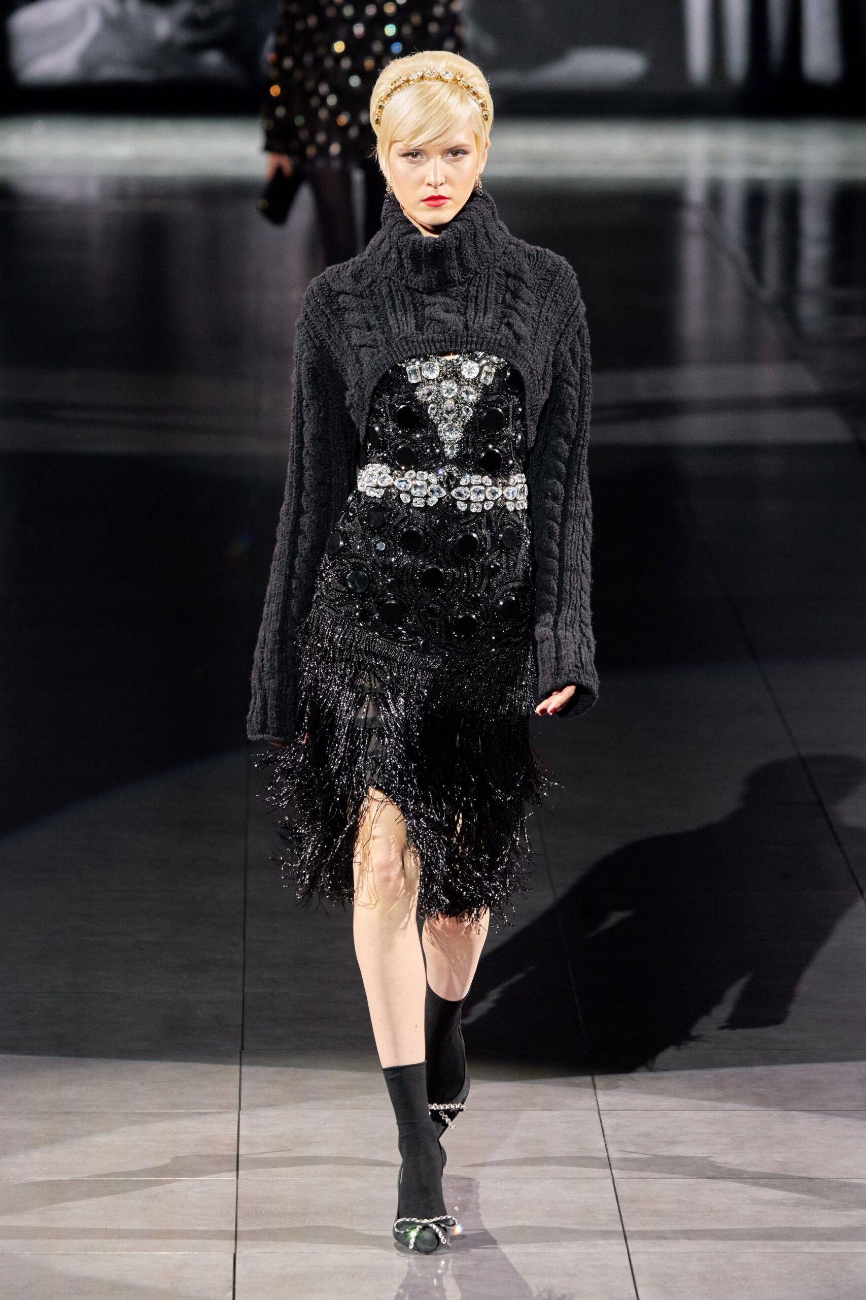 black sequin long-sleeve high-neck fitted fringed embroidered dress