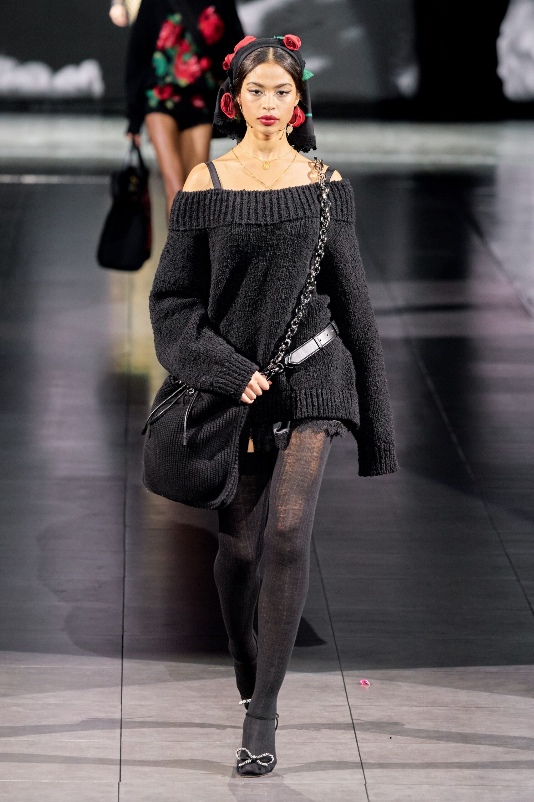 black wool off-shoulder long-sleeve oversized sweater