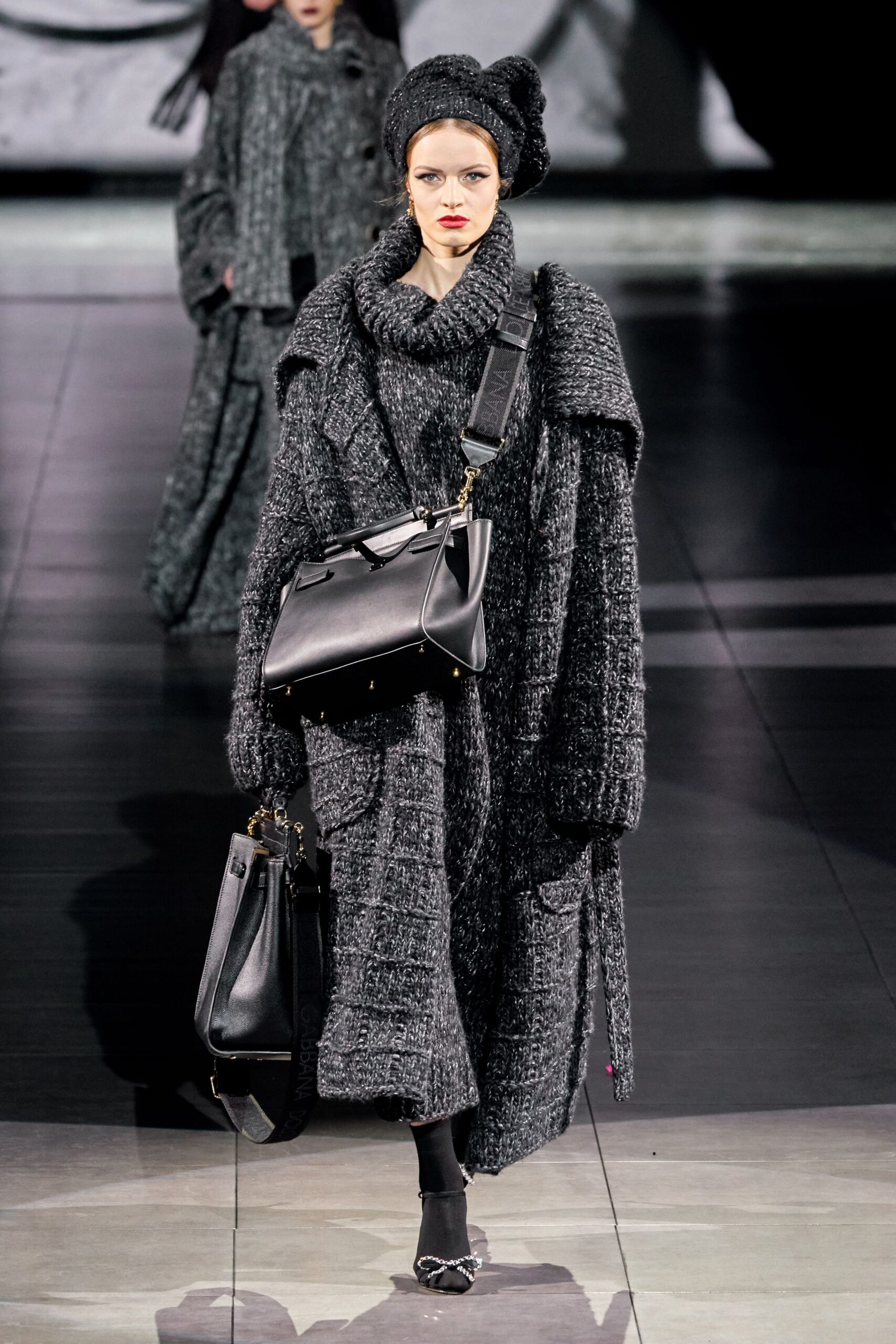 black wool long-sleeve high-neck oversized layered midi coat