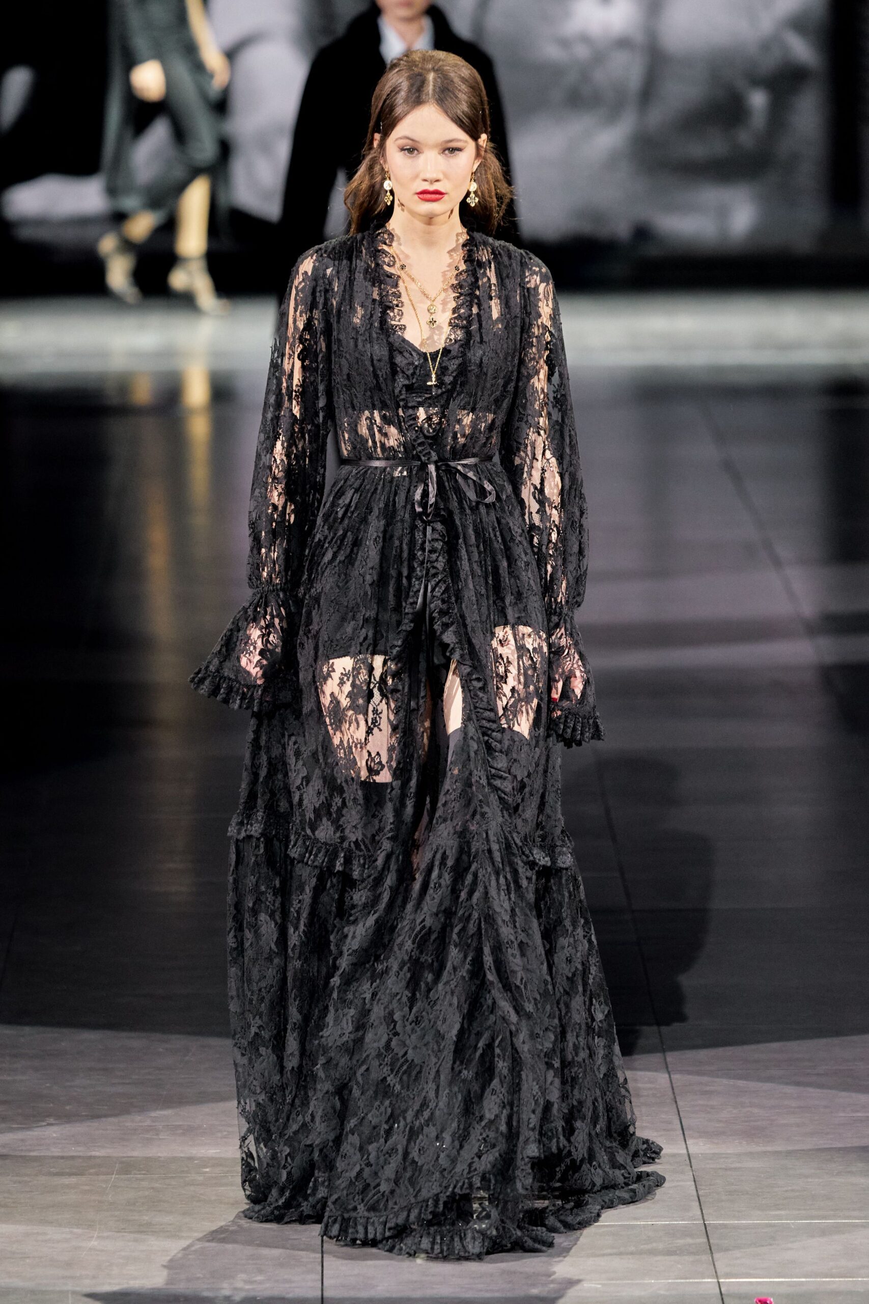black lace long-sleeve gown