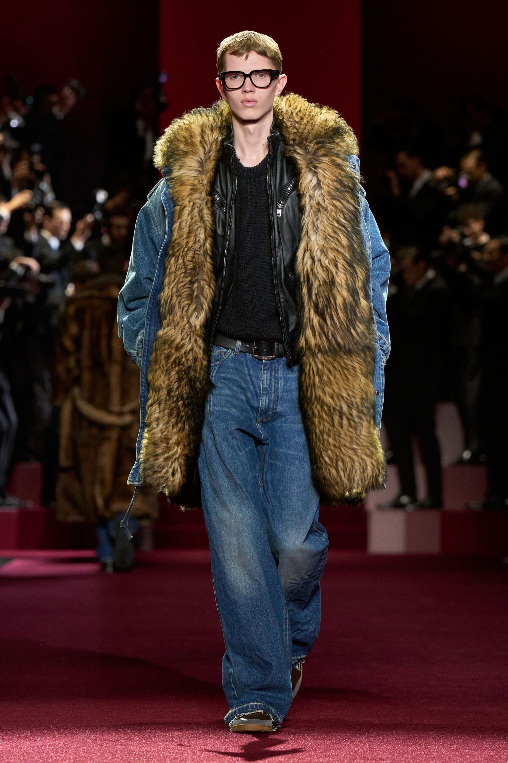 oversized denim coat with fur