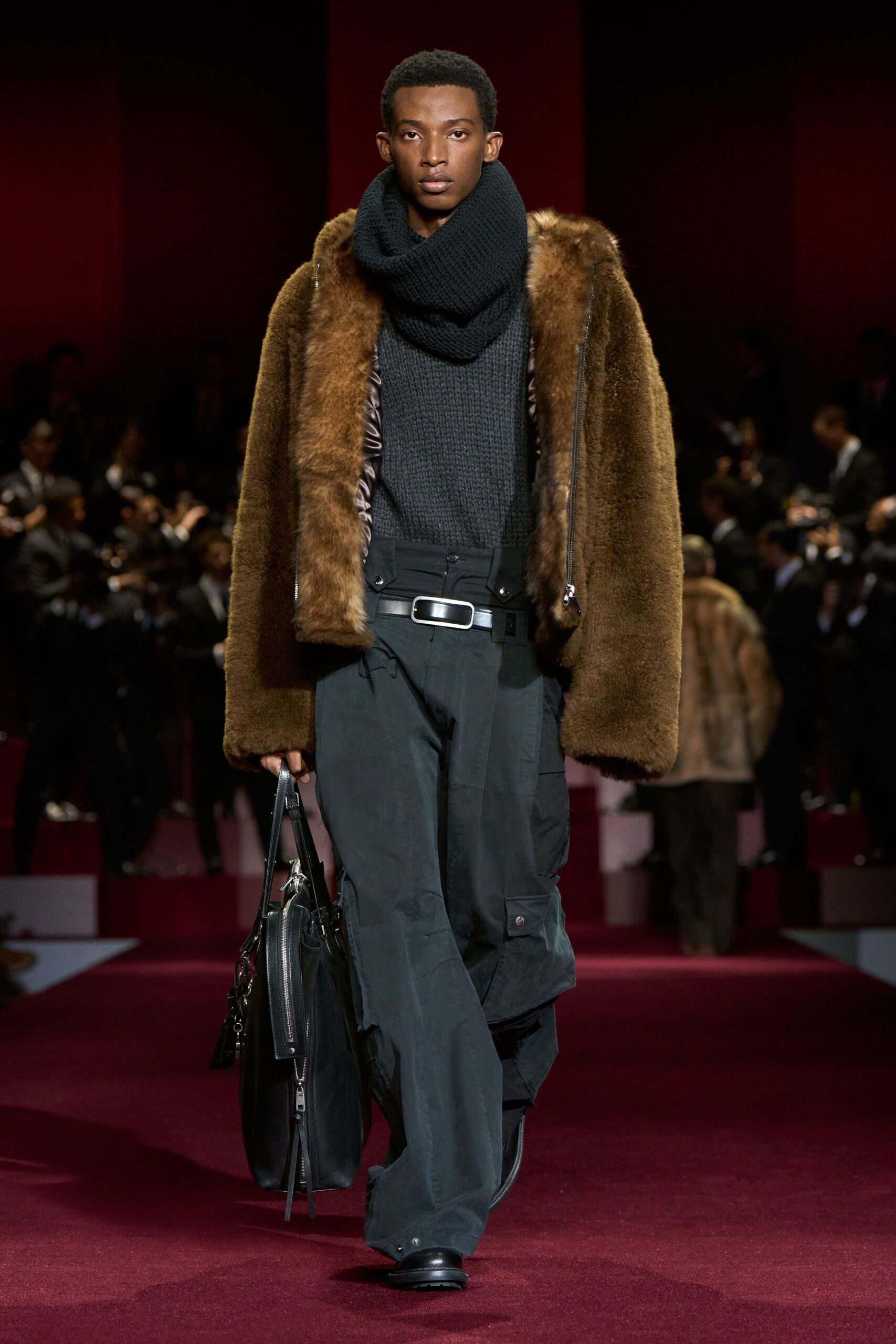 brown fur coat black sweater
