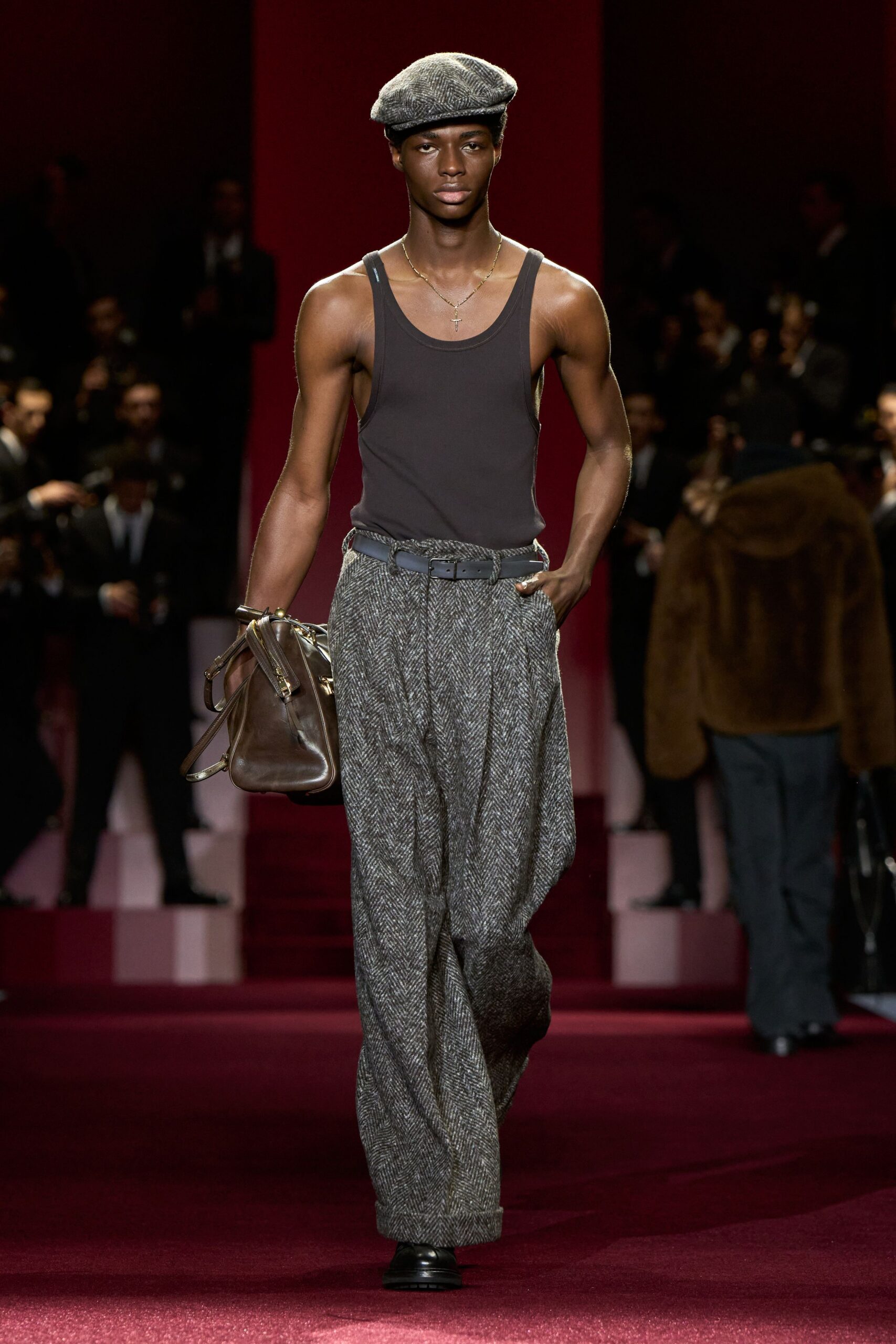 black tank-top gray wide-leg pants