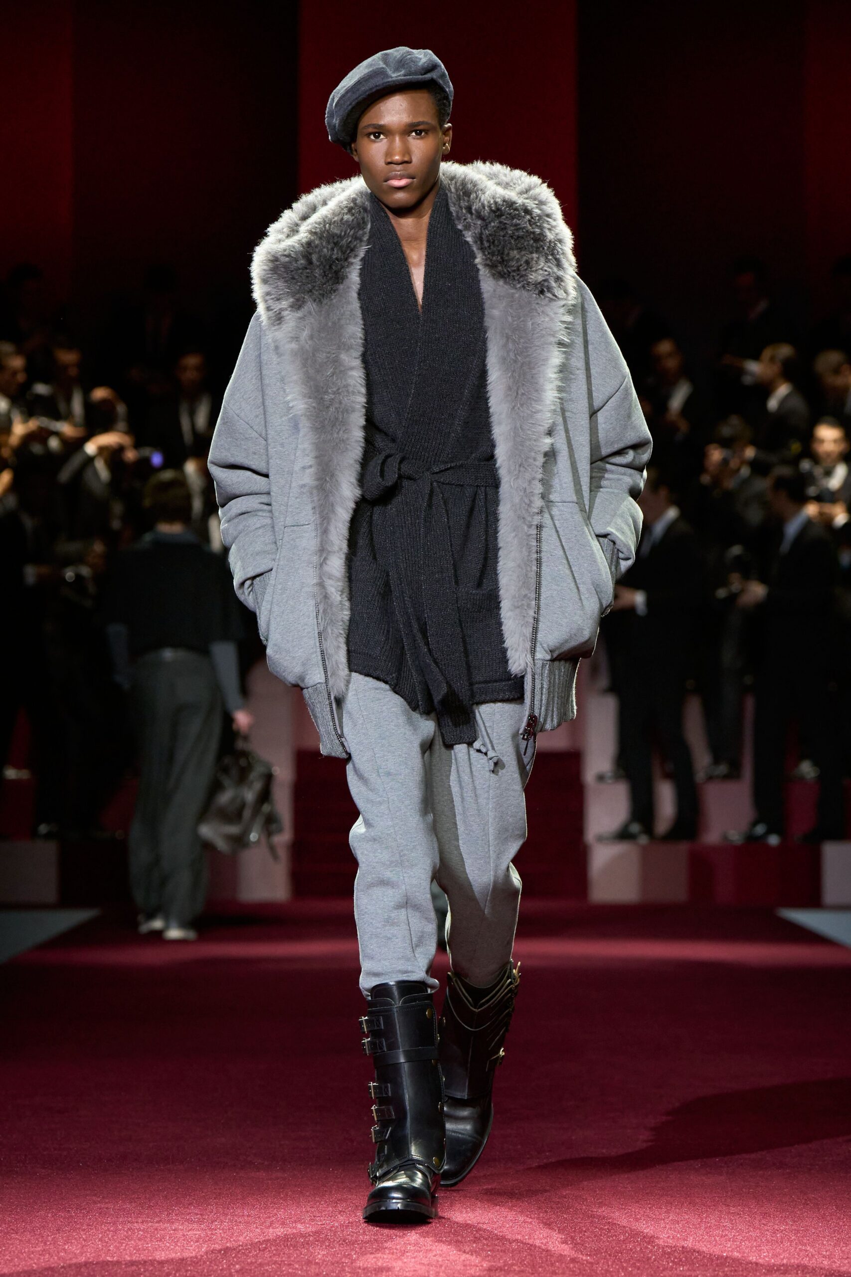 gray oversized coat with black hat