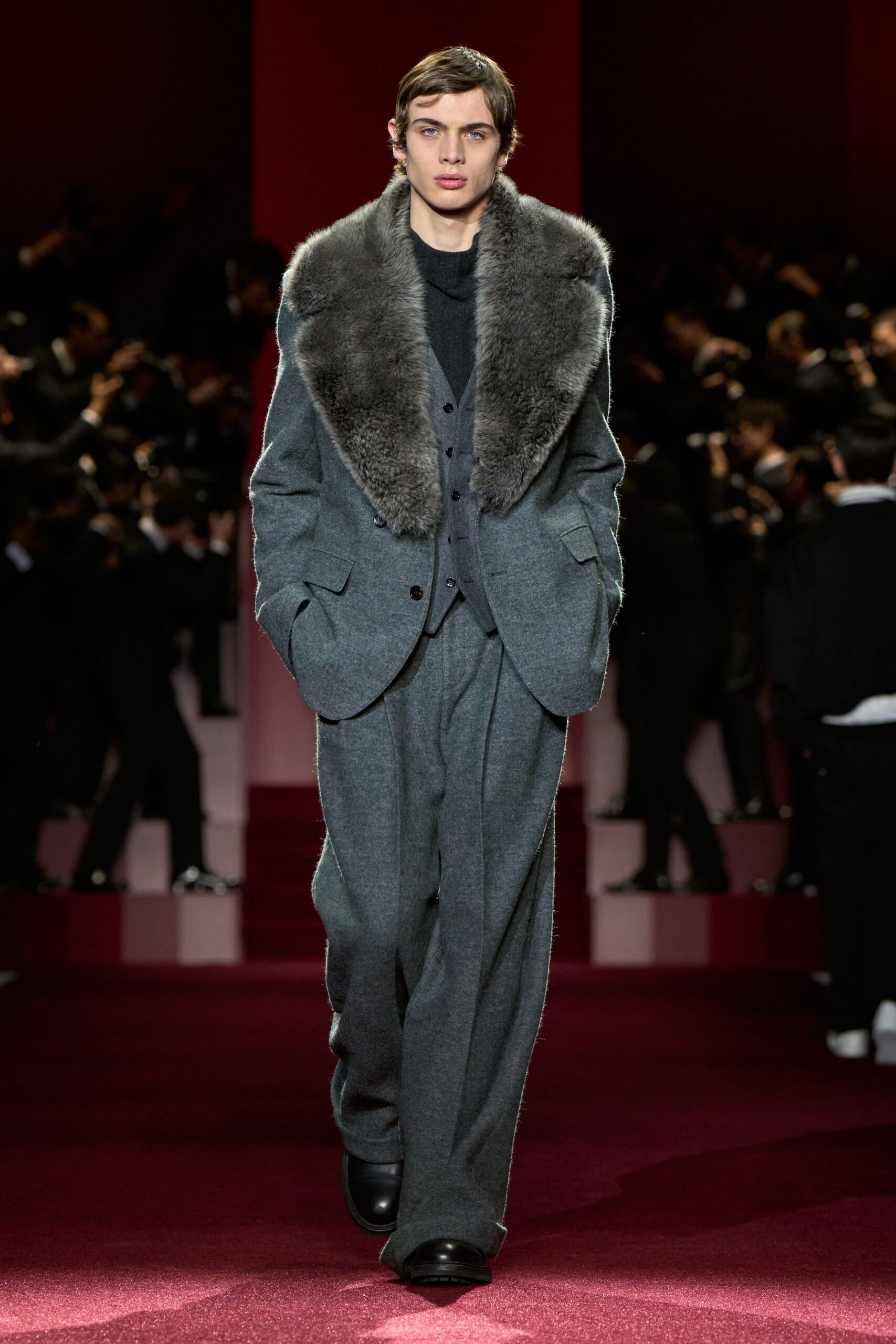 gray wool suit with fur scarf