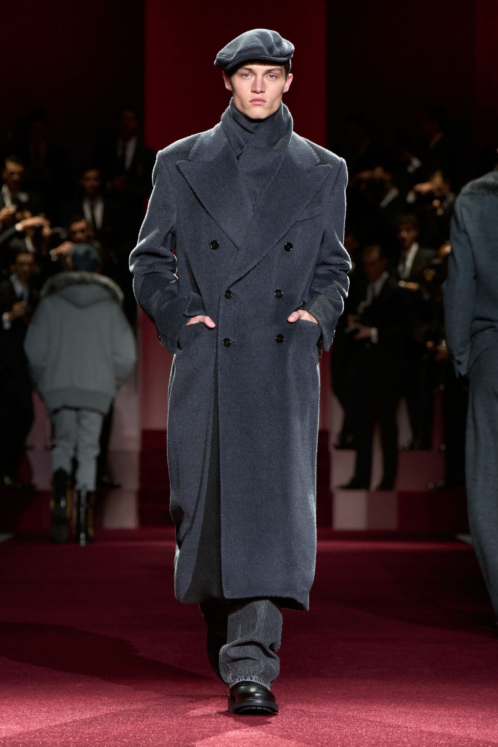 gray wool coat with tailored pants
