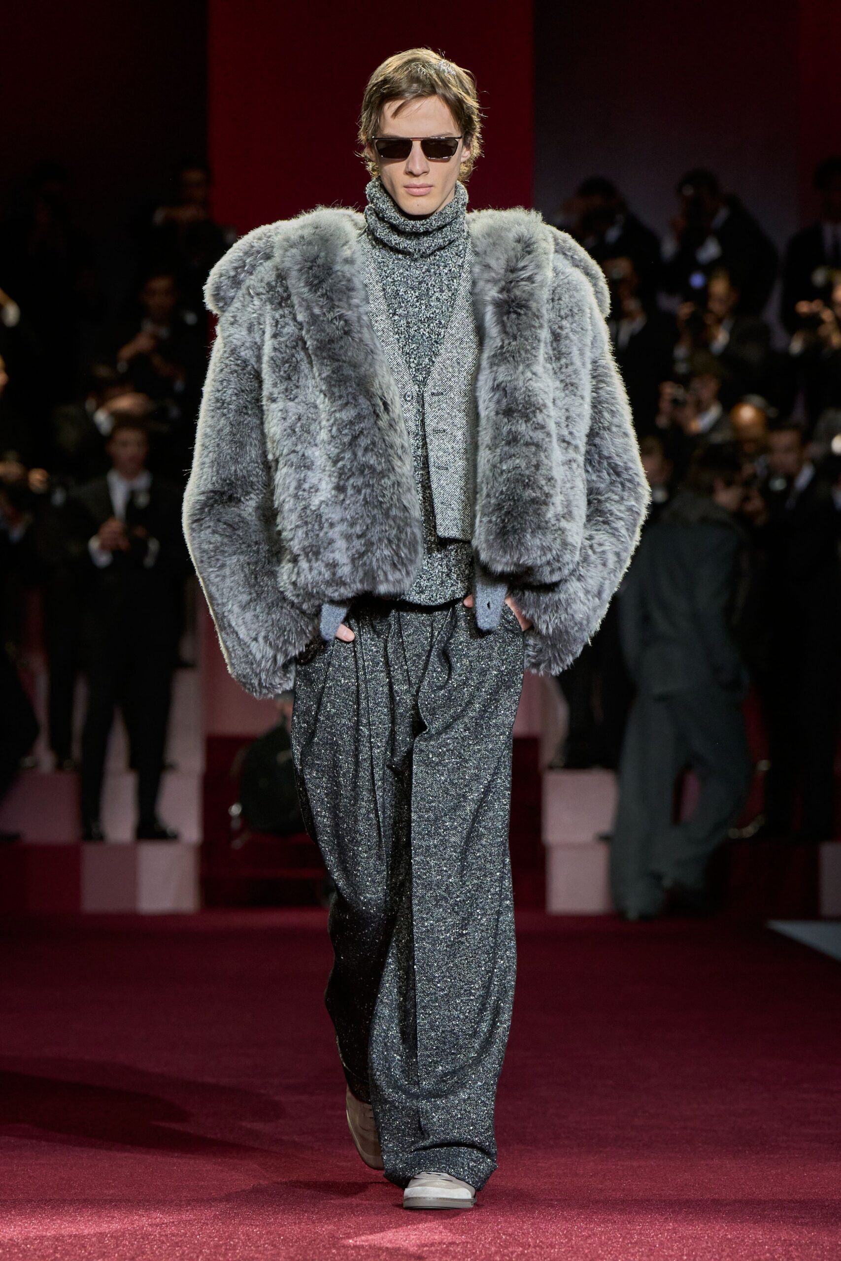 gray faux-fur coat and knit outfit