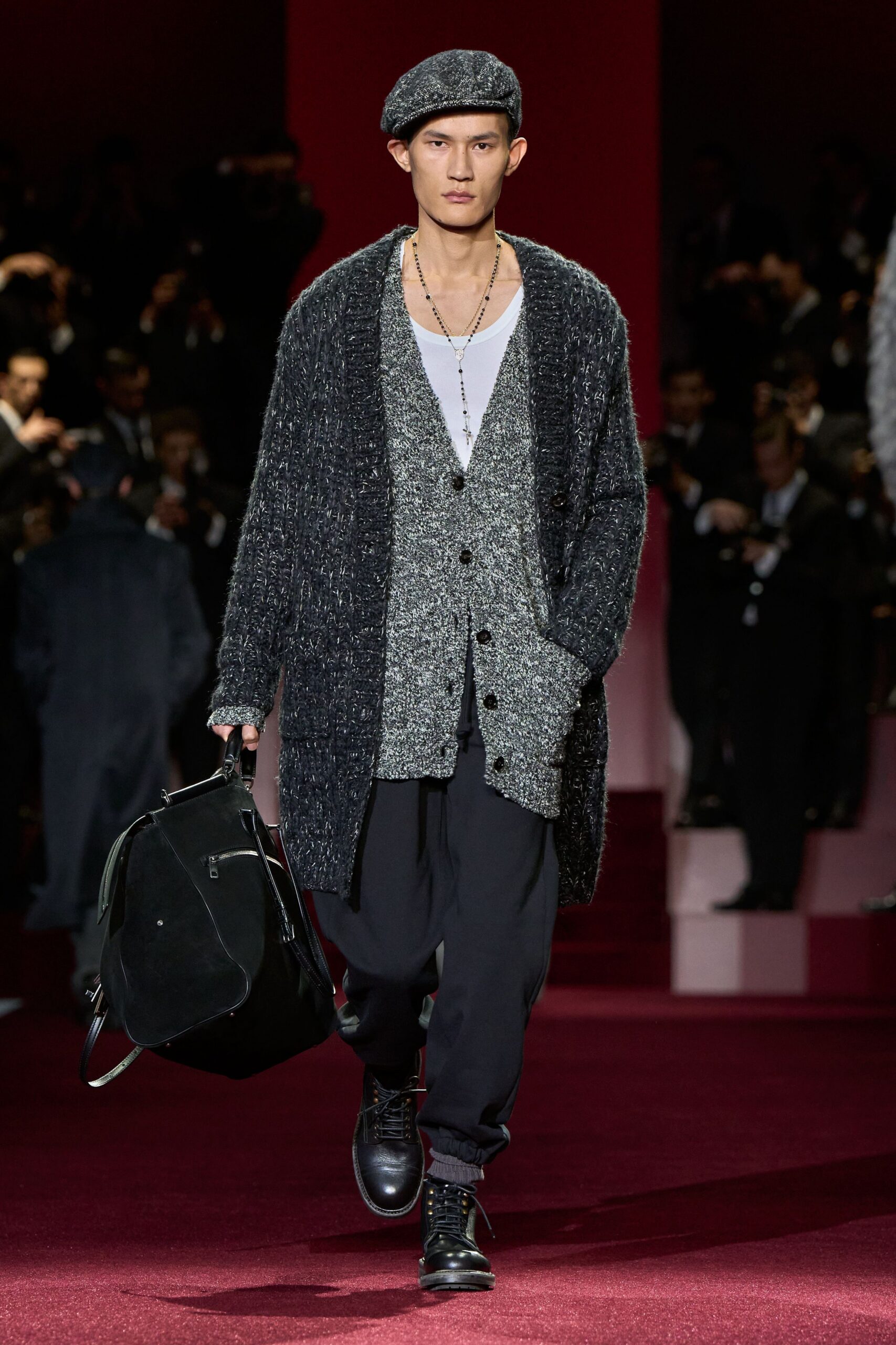 black wool long-sleeve relaxed layered cardigan