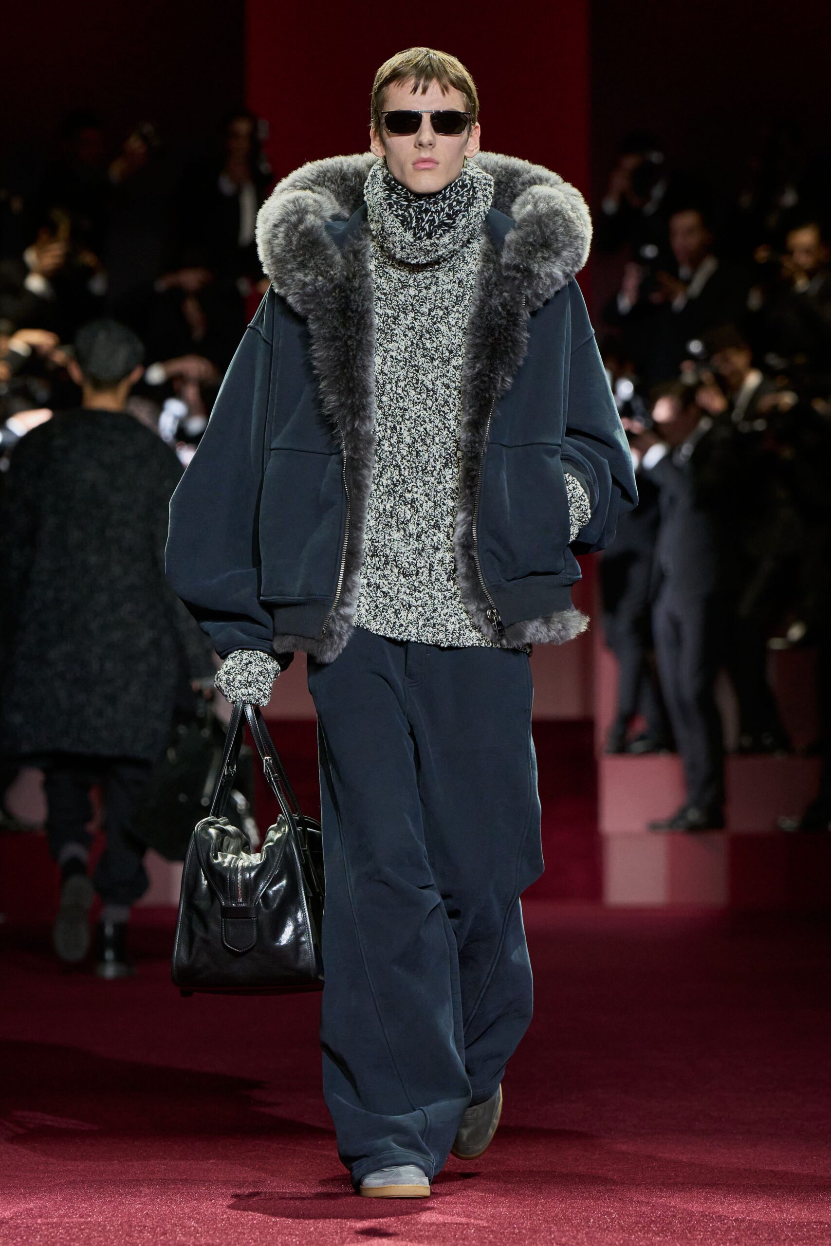 oversized blue jacket with gray top