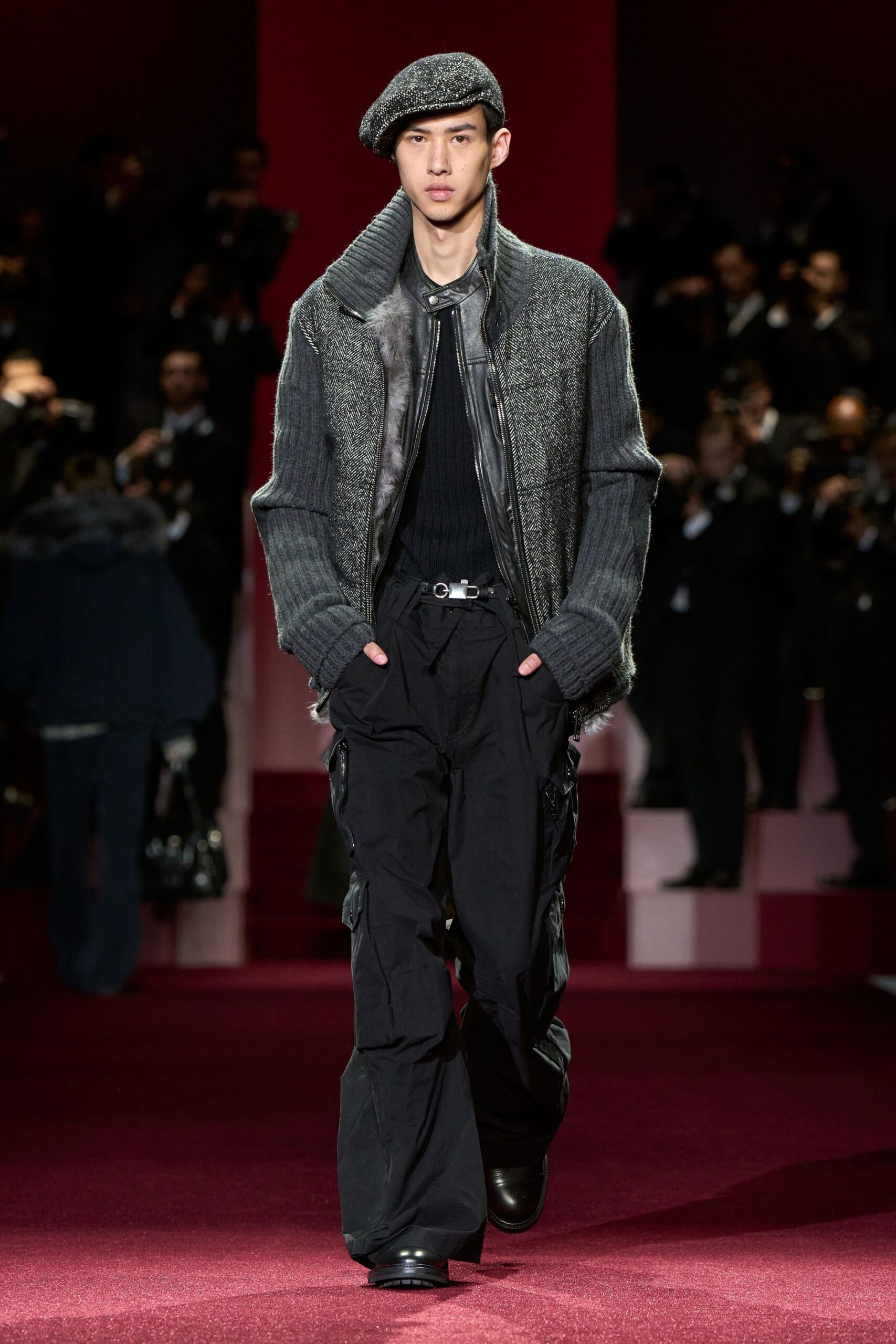 gray wool jacket black shirt pants