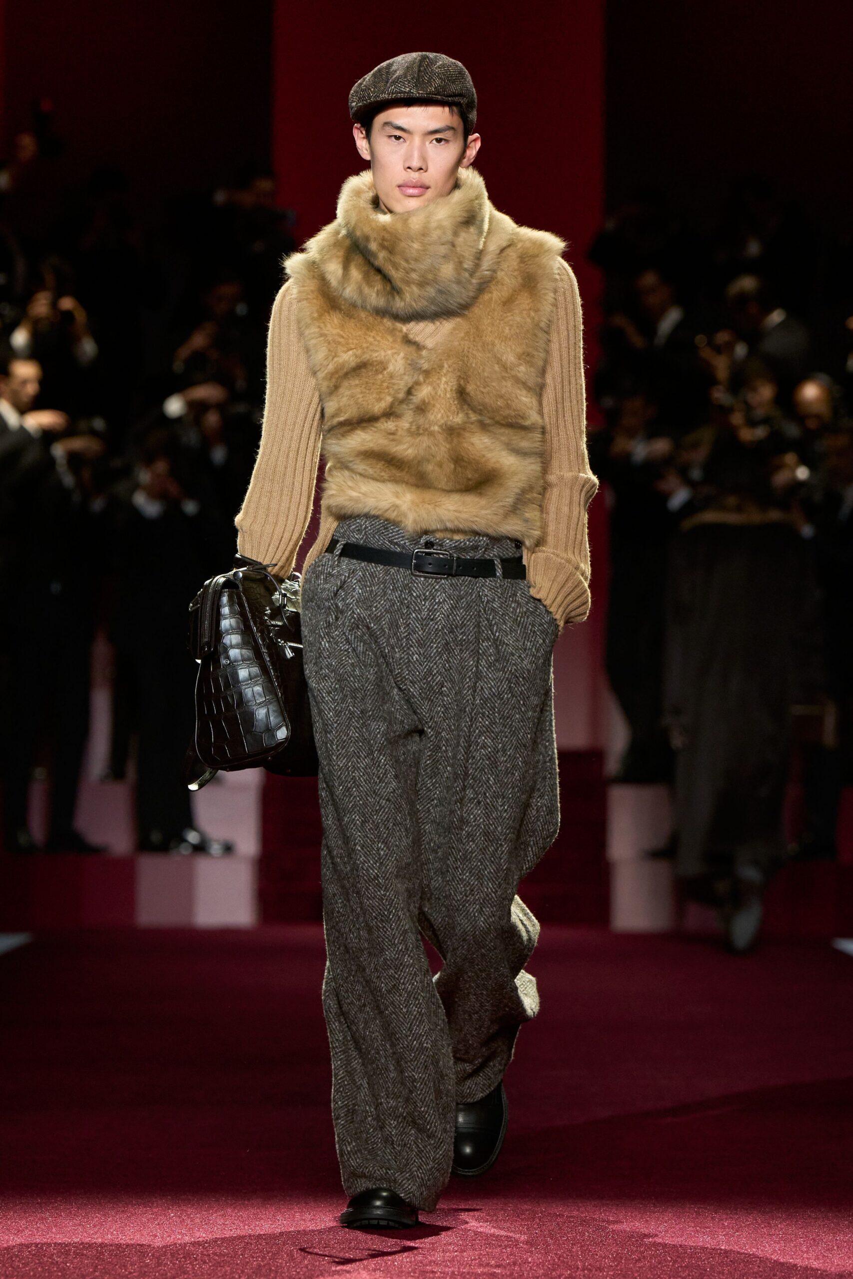 beige fur sweater gray pants