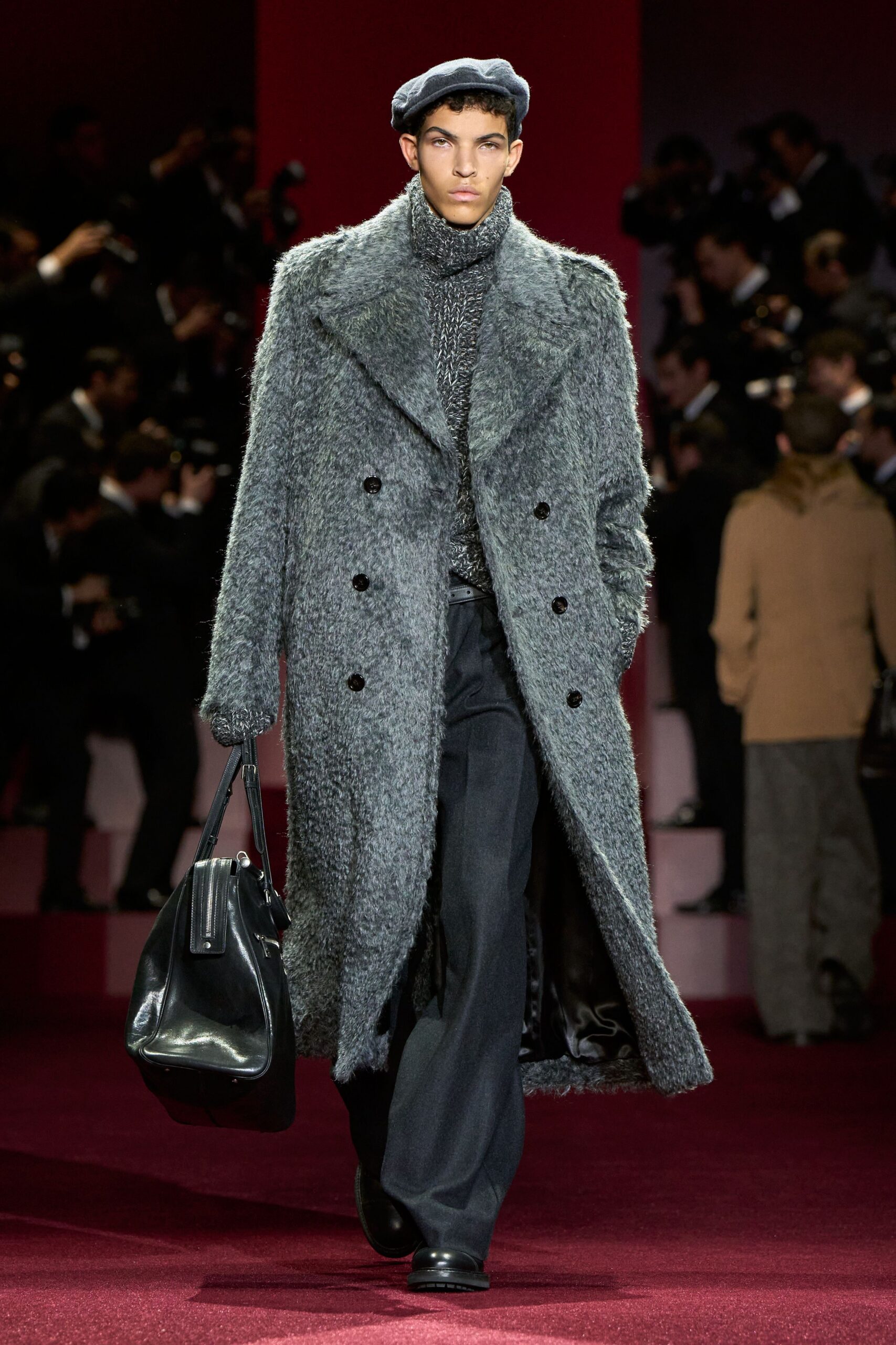 gray fur coat with black sweater