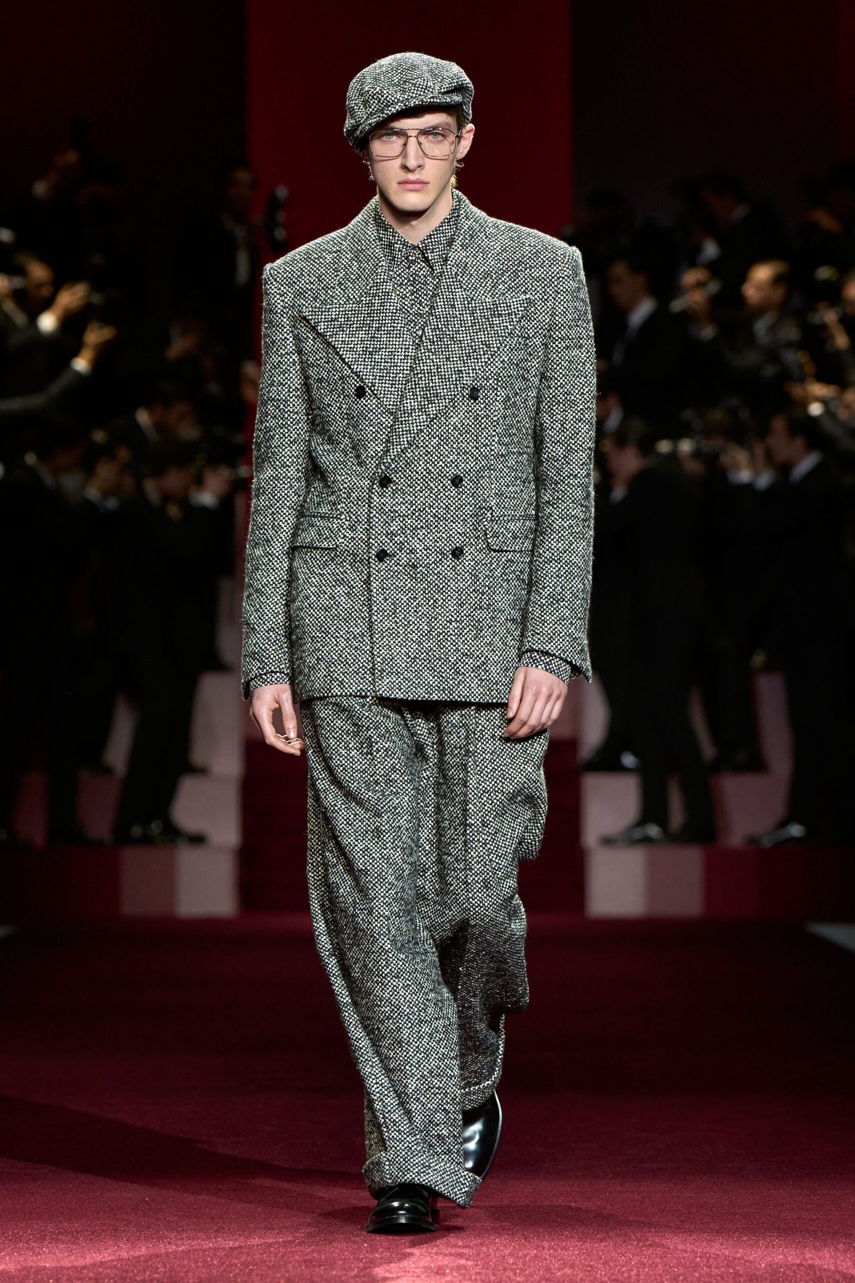 gray tweed suit with hat