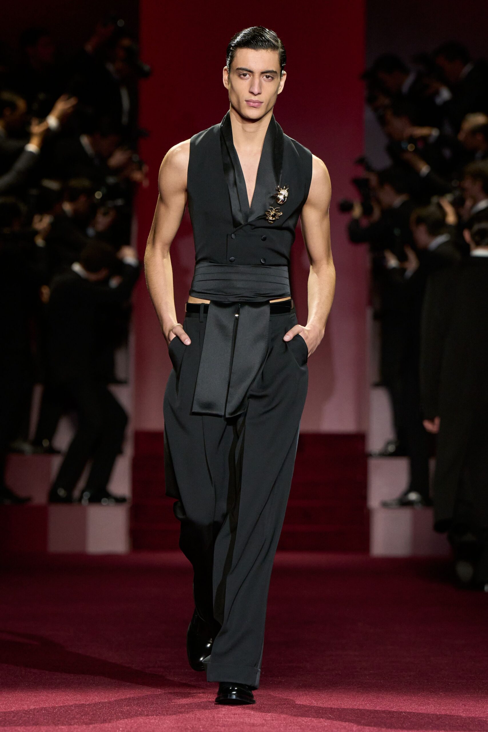 black silk vest and tailored pants