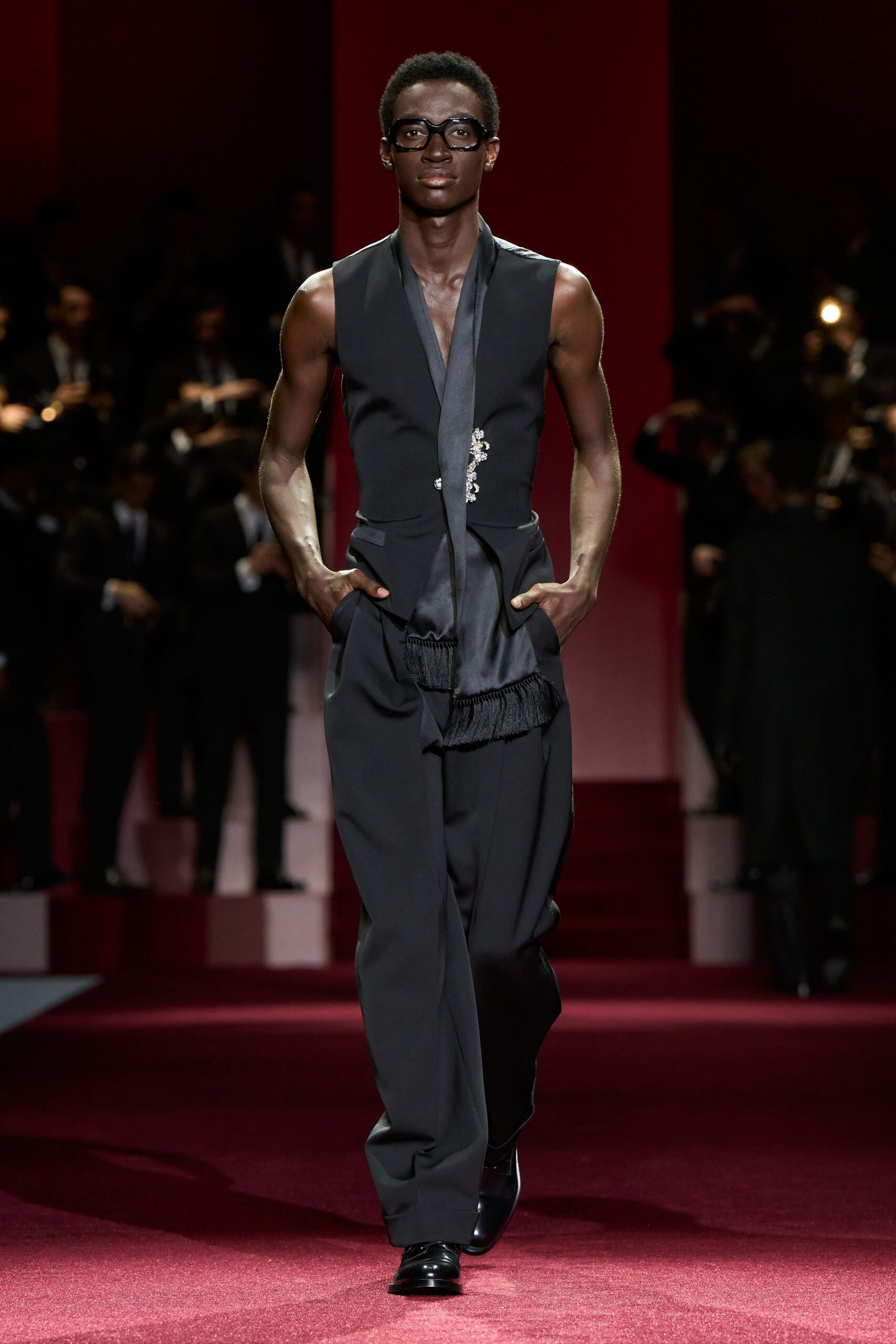 black silk sleeveless v-neck fitted fringed jumpsuit