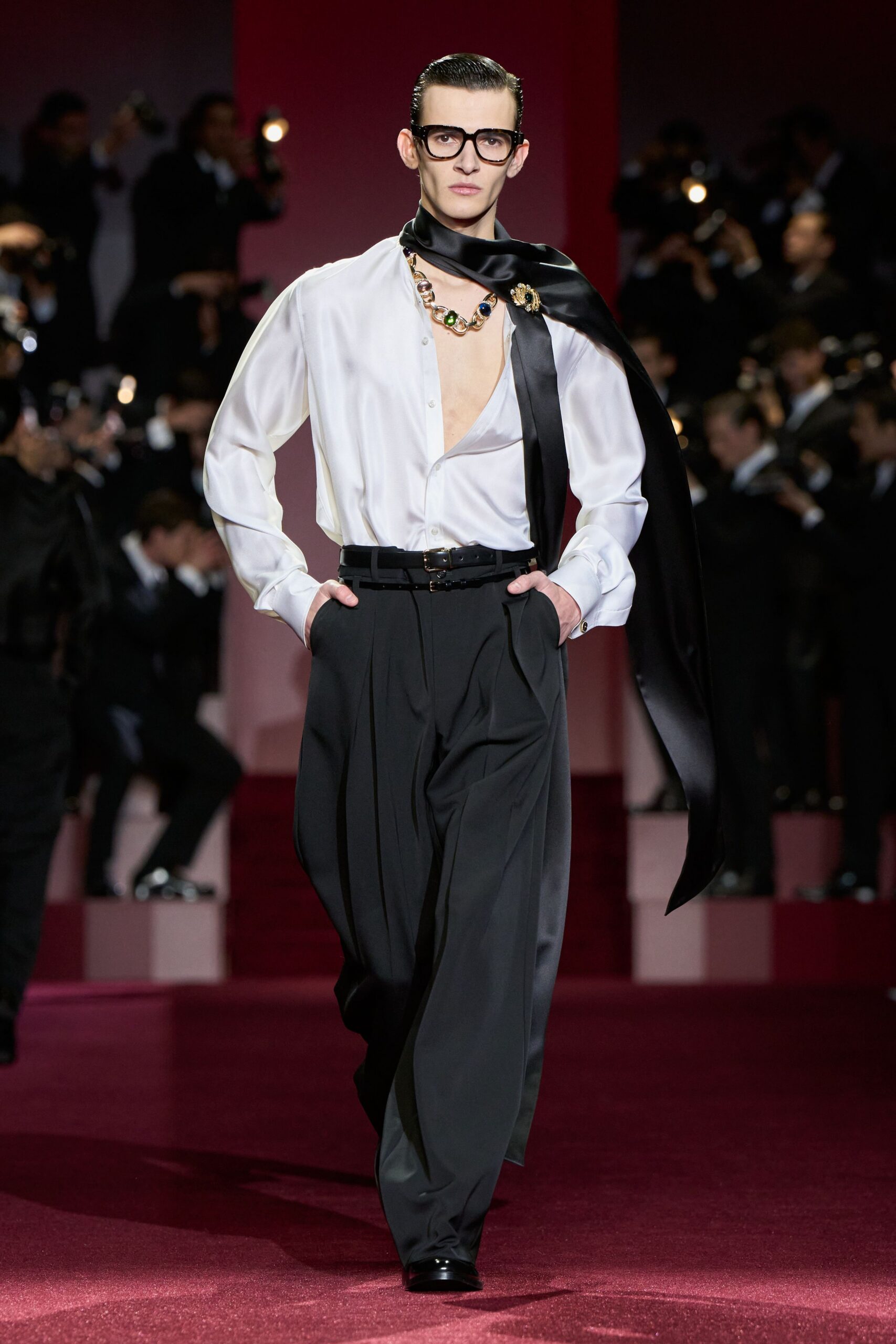 white silk shirt with black pants
