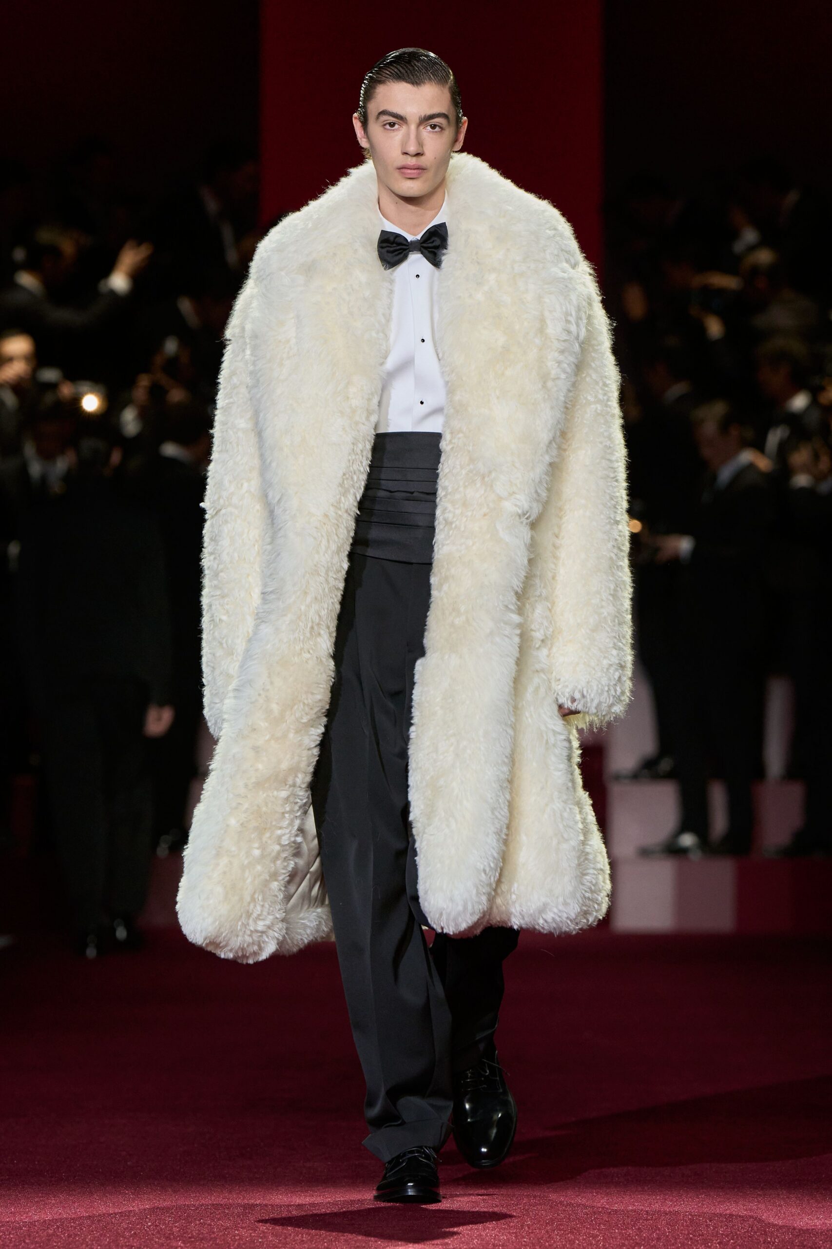 white fur coat black pants