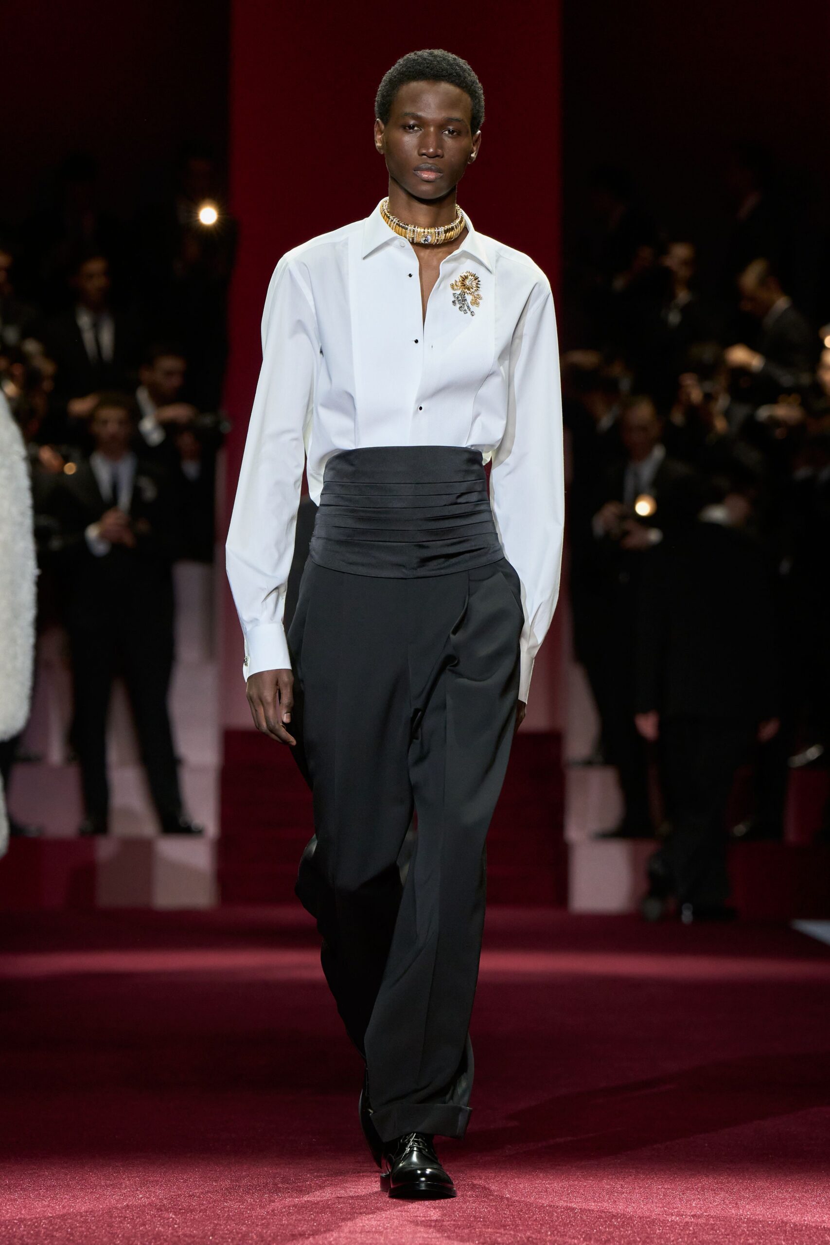 white fitted shirt black tailored pants
