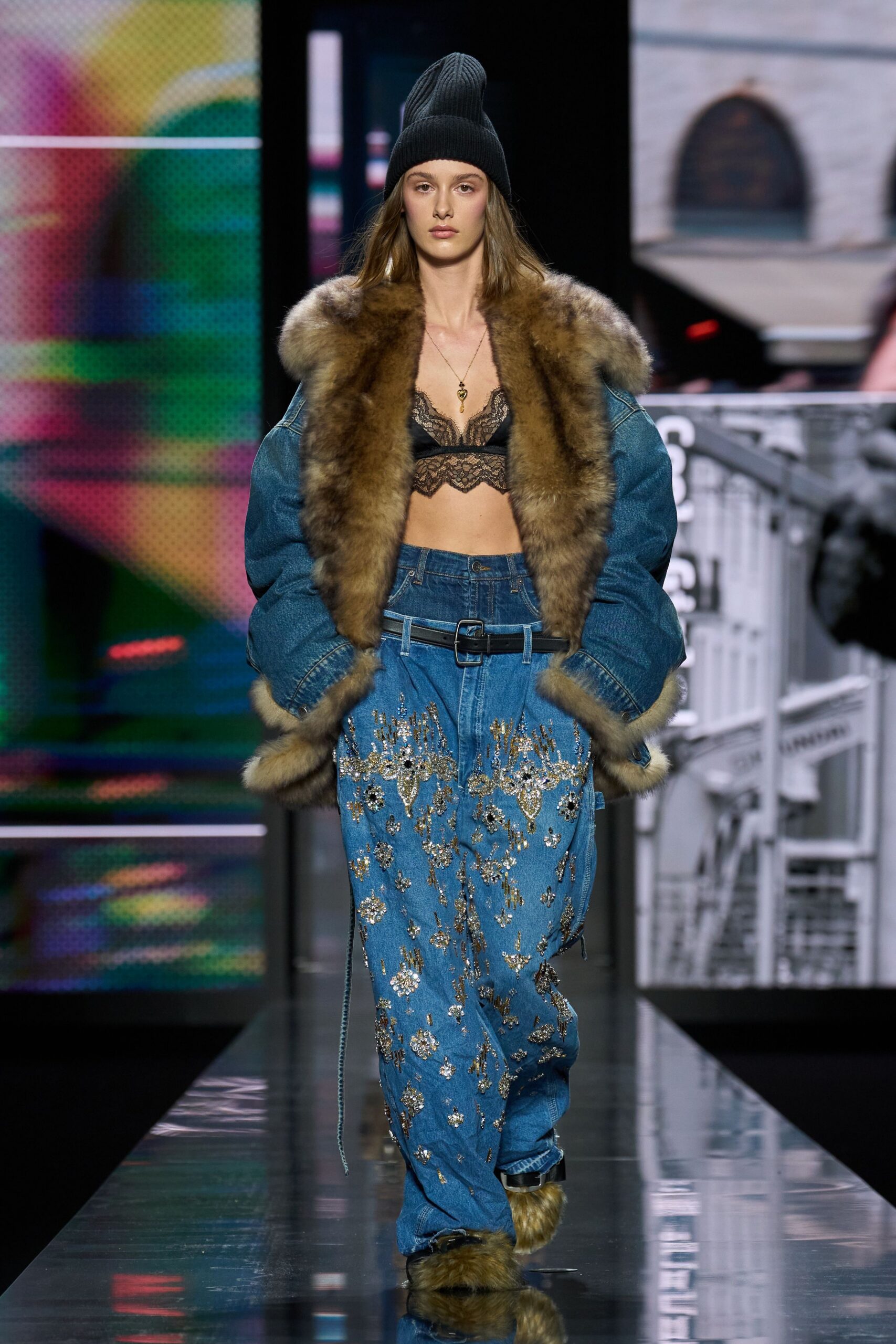 blue denim relaxed embroidered pants