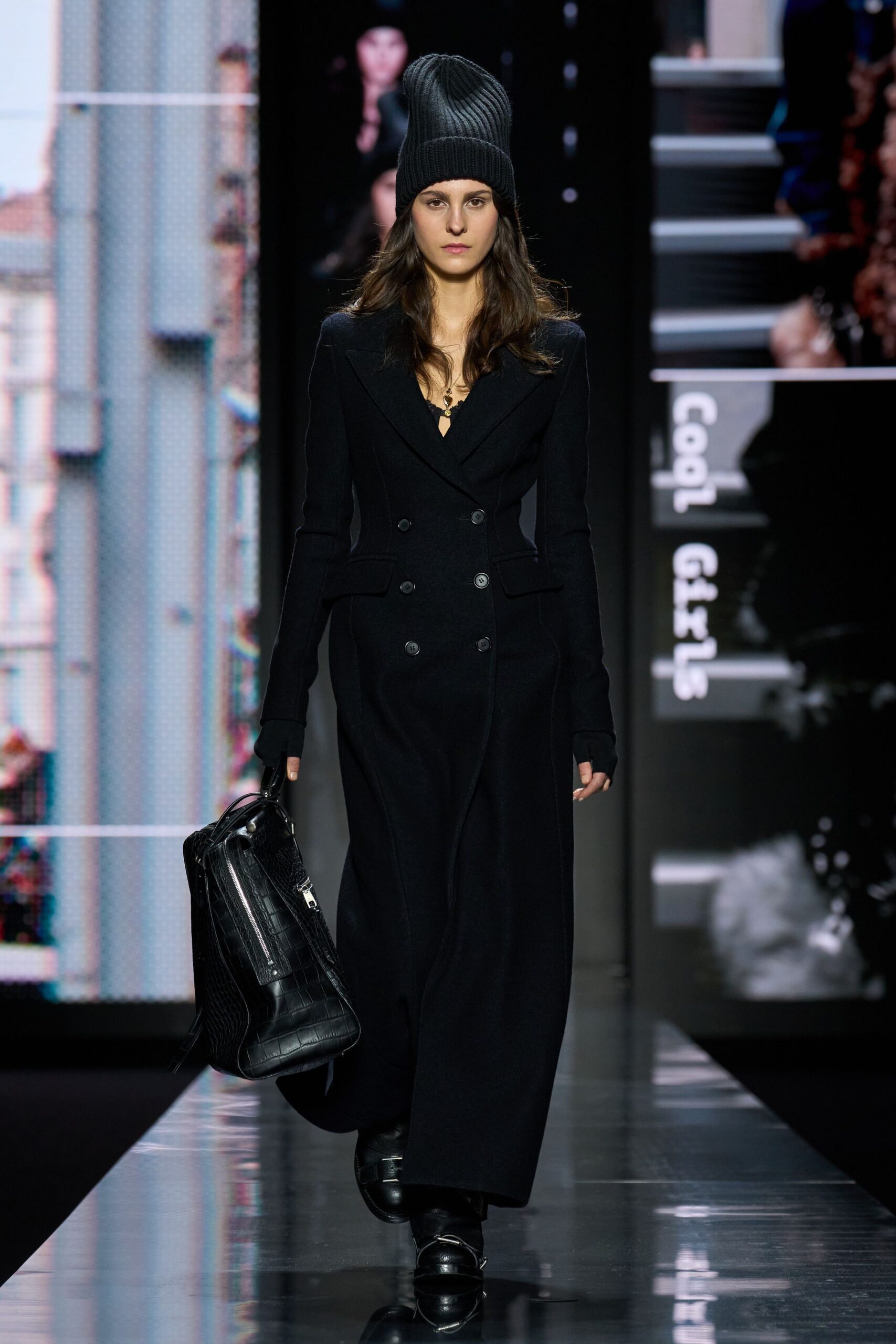 black wool long-sleeve collared fitted buttoned maxi coat