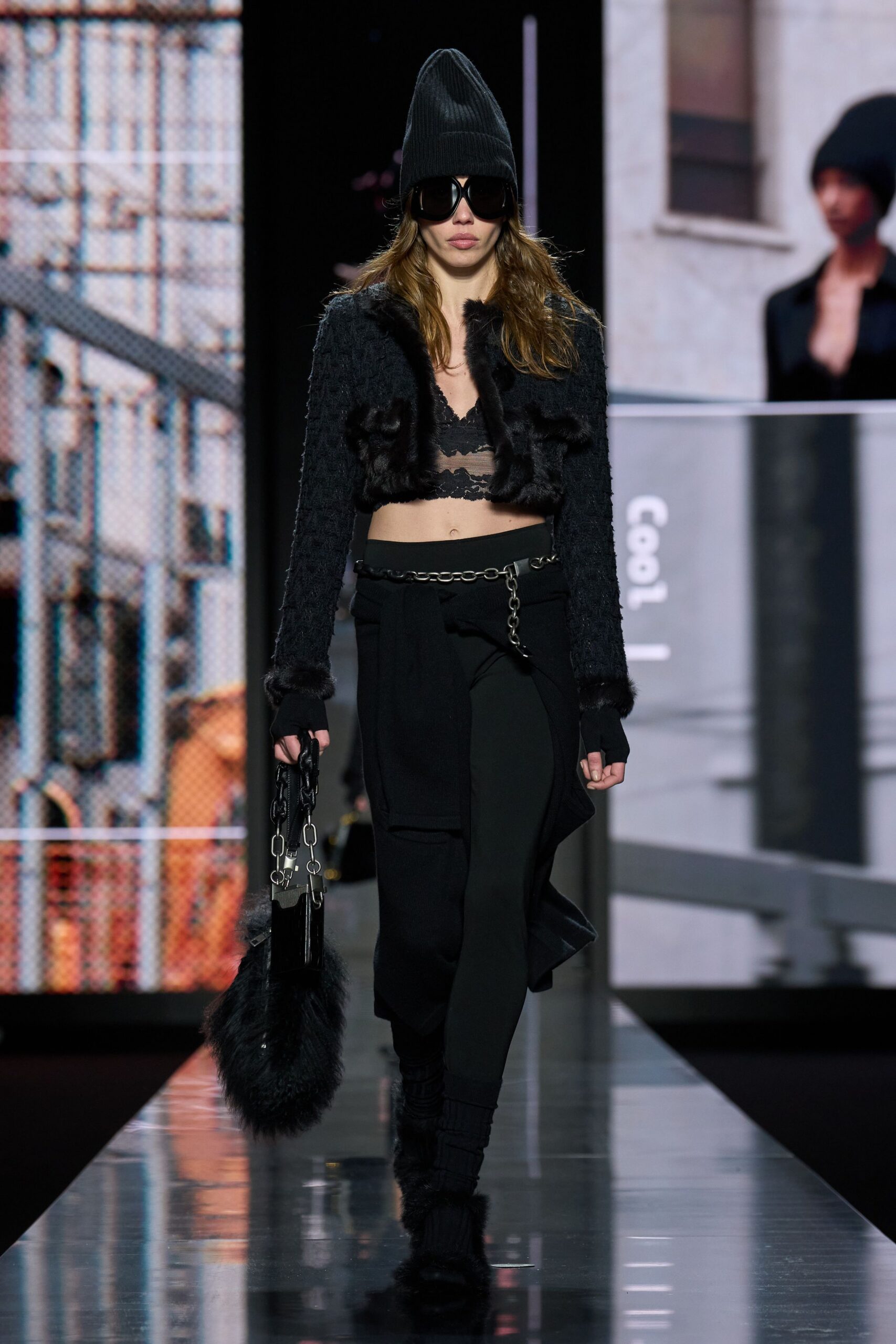 black wool long-sleeve collared fitted fringed cardigan