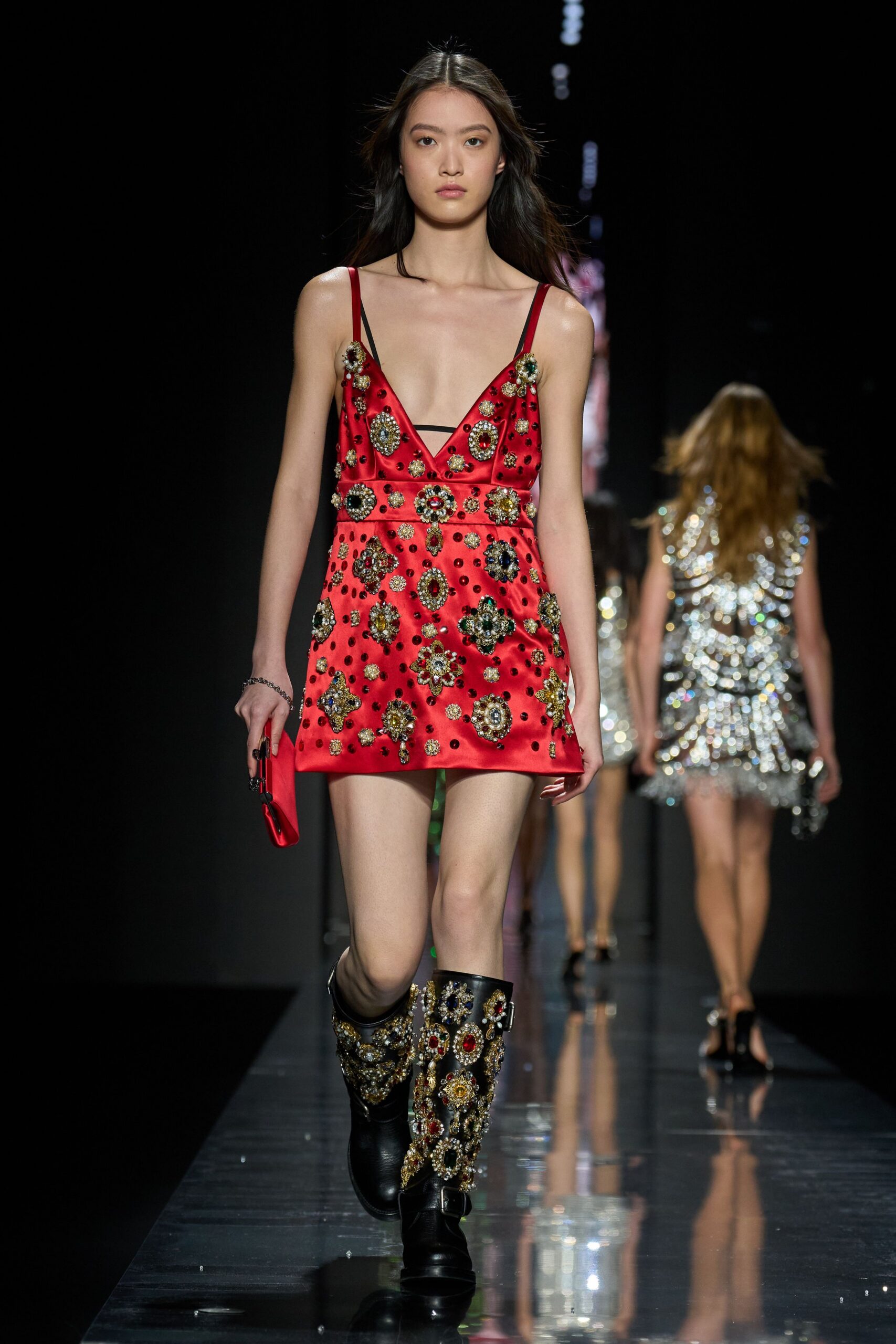black leather fitted embellished boots