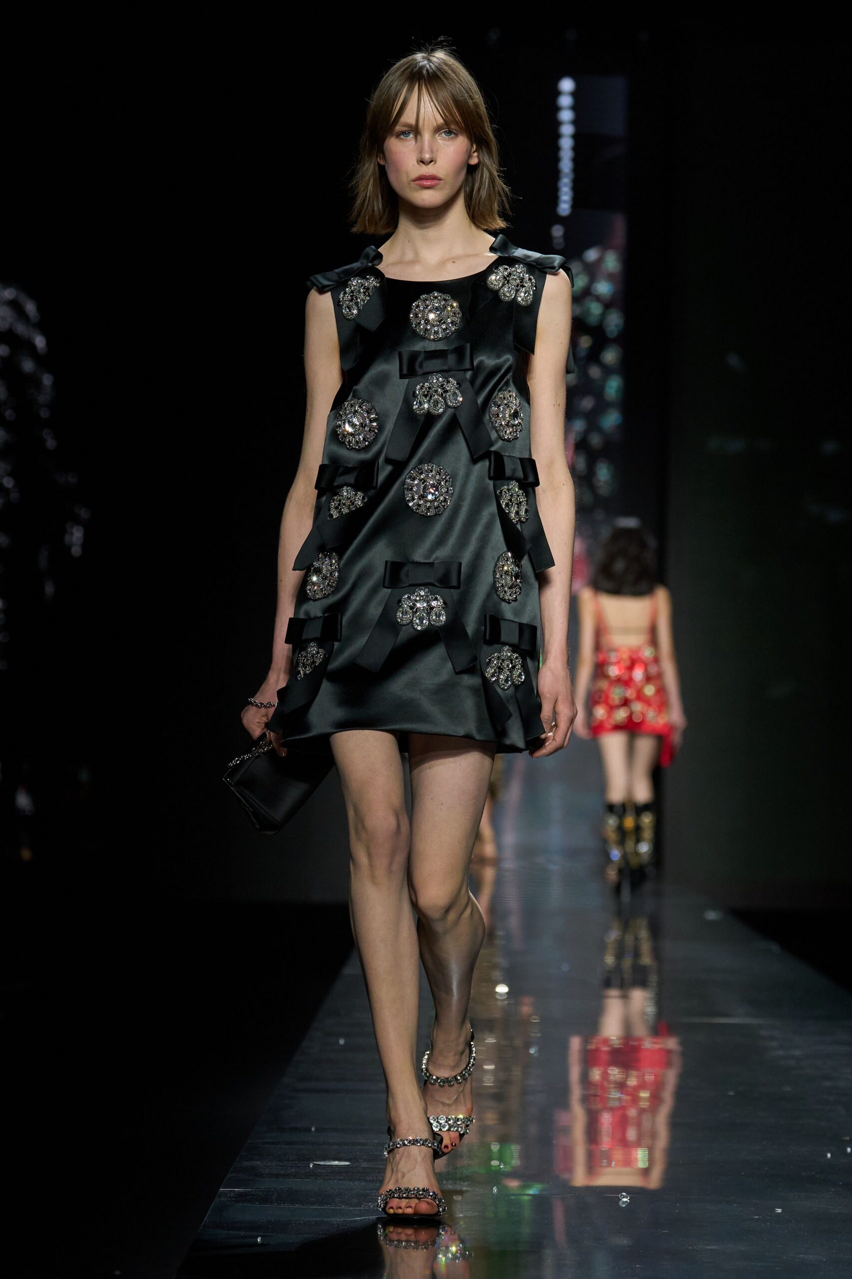 black silk sleeveless v-neck fitted ruffled beaded dress
