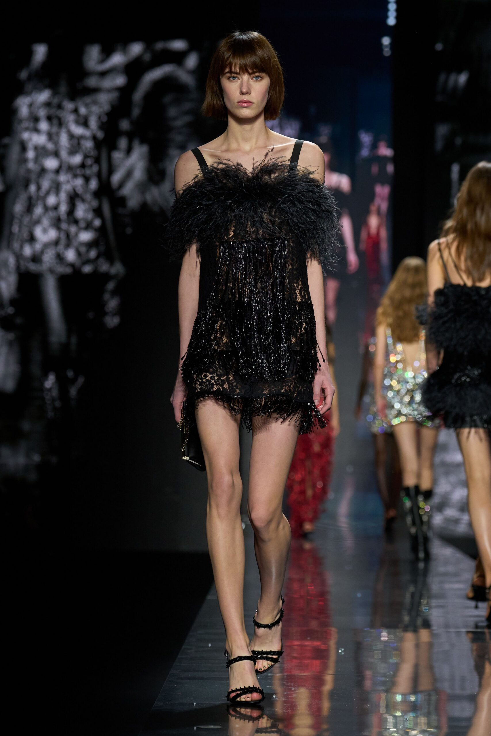 black lace sleeveless v-neck fitted fringed dress