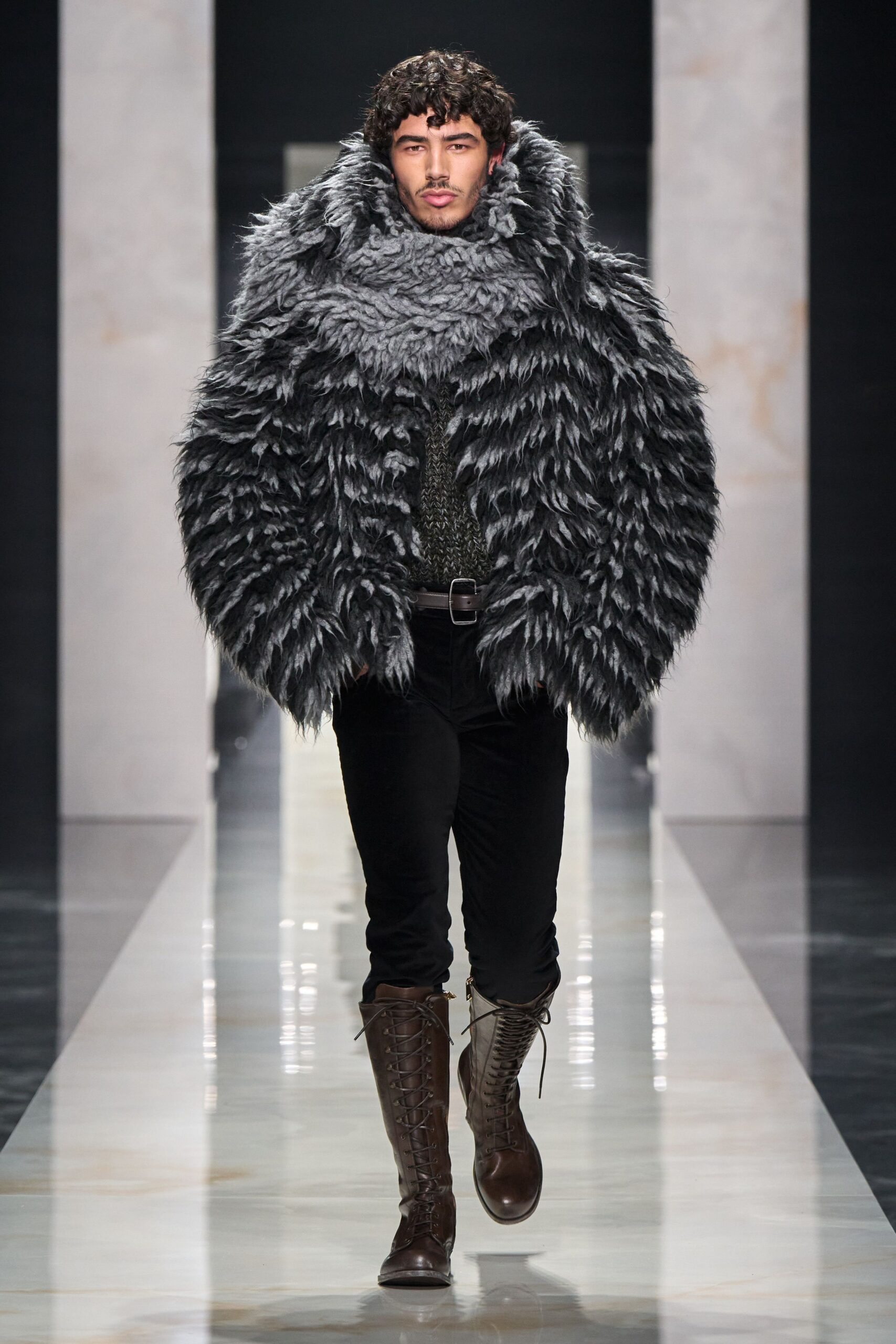 gray fur oversized fringed coat