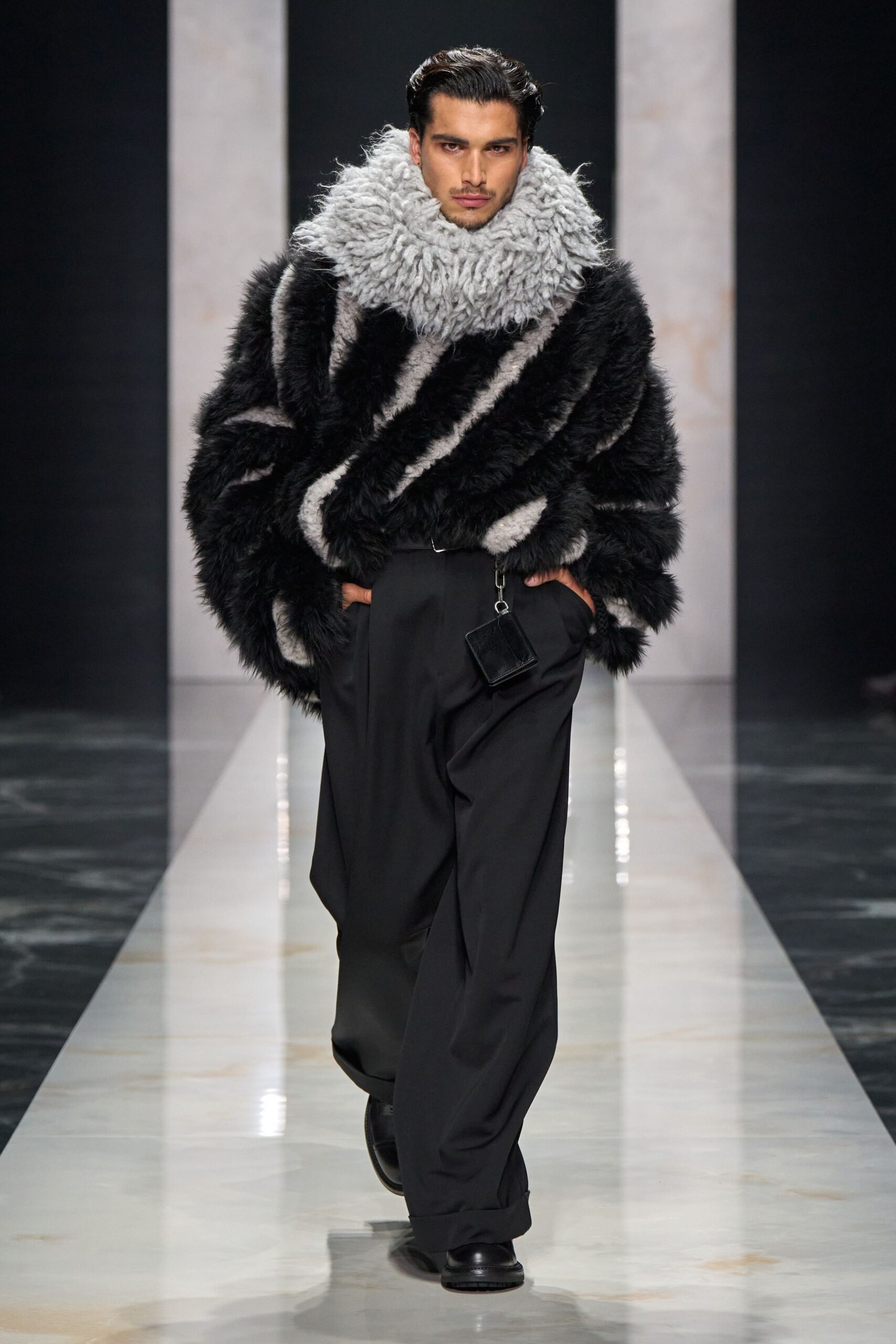 black fur long-sleeve high-neck relaxed striped coat
