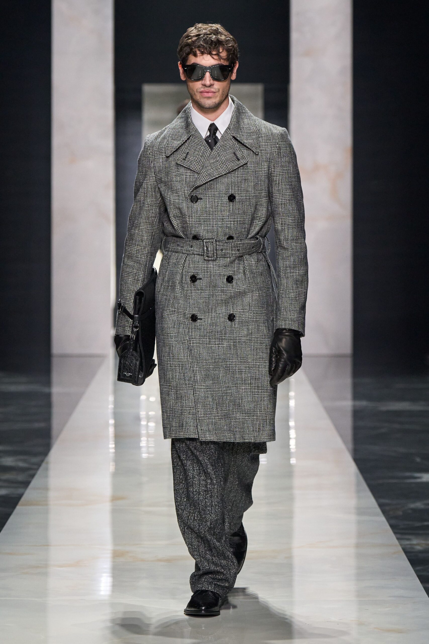 gray wool long-sleeve double-breasted tailored checked belted coat
