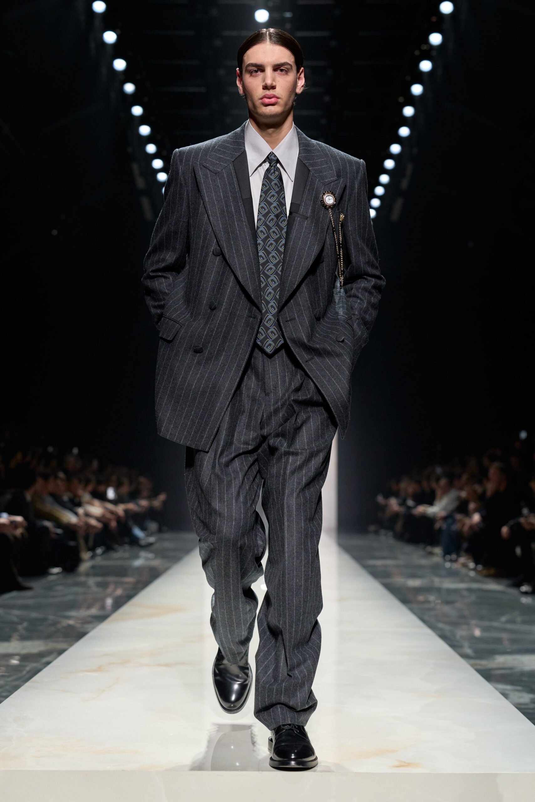 gray tailored suit with white shirt