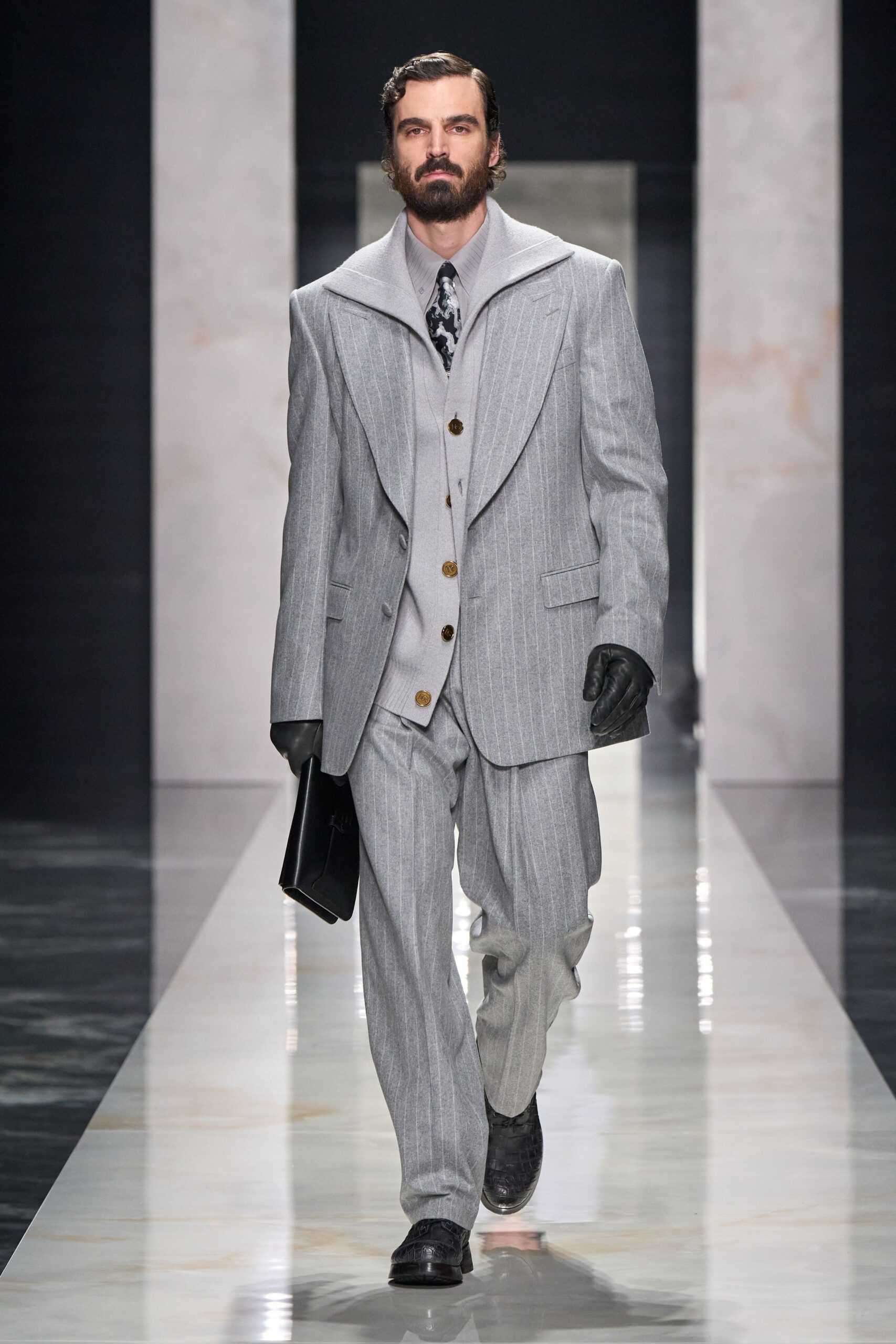 gray wool long-sleeve collared tailored striped buttoned suit