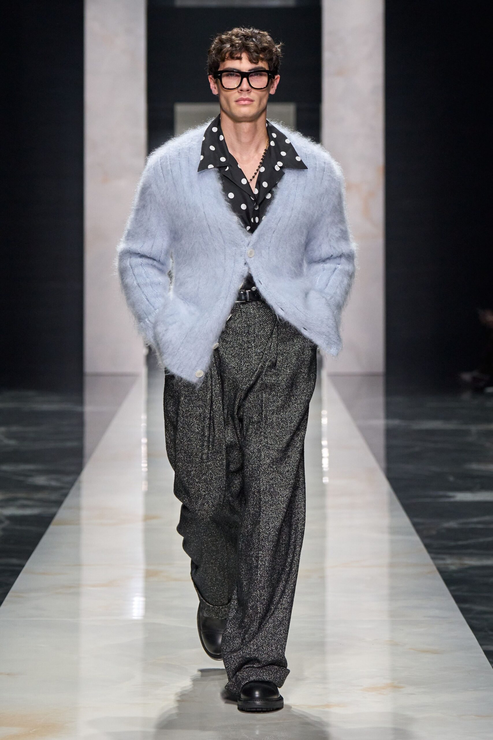 blue wool long-sleeve collared relaxed textured cardigan