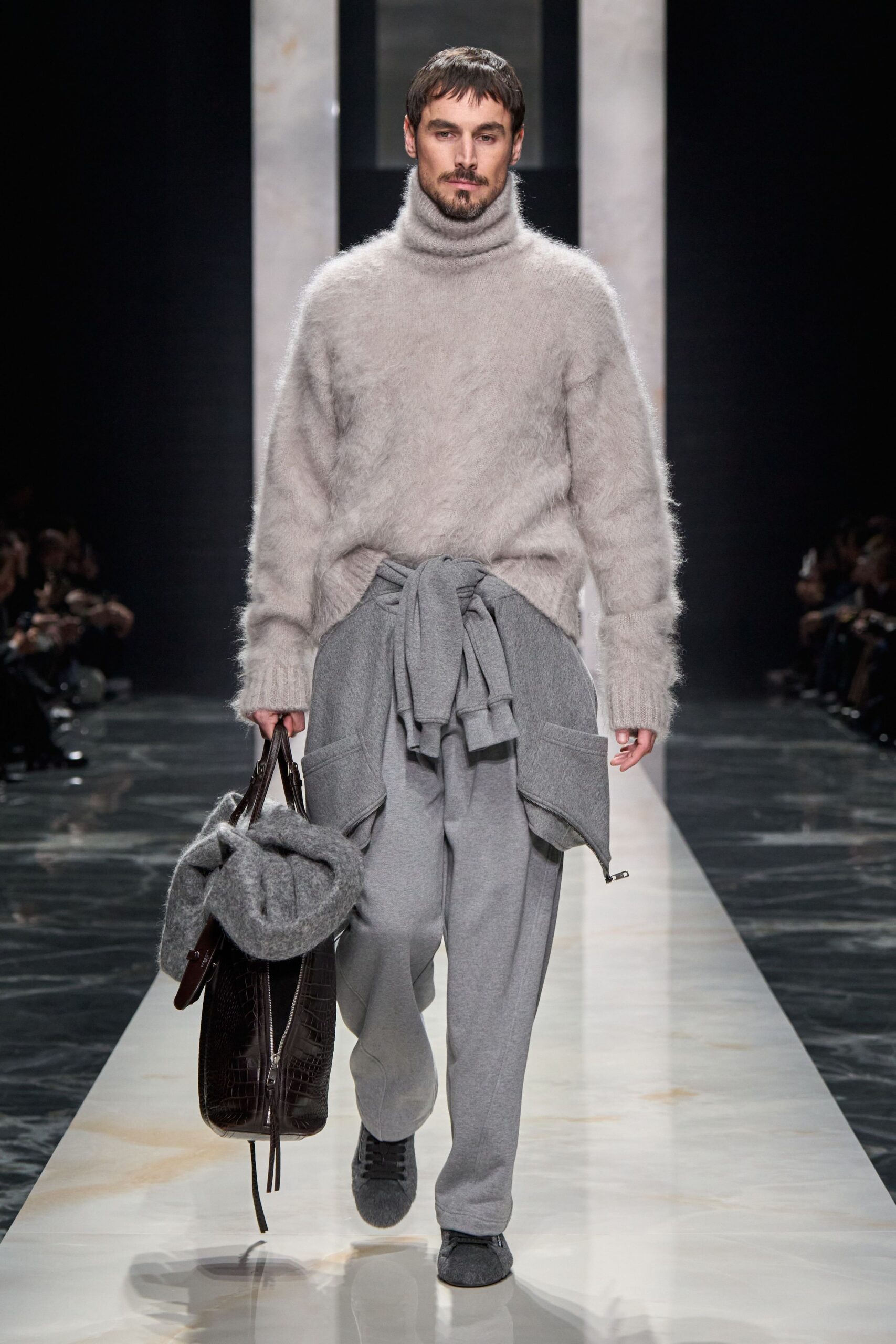 gray wool long-sleeve turtleneck relaxed textured sweater