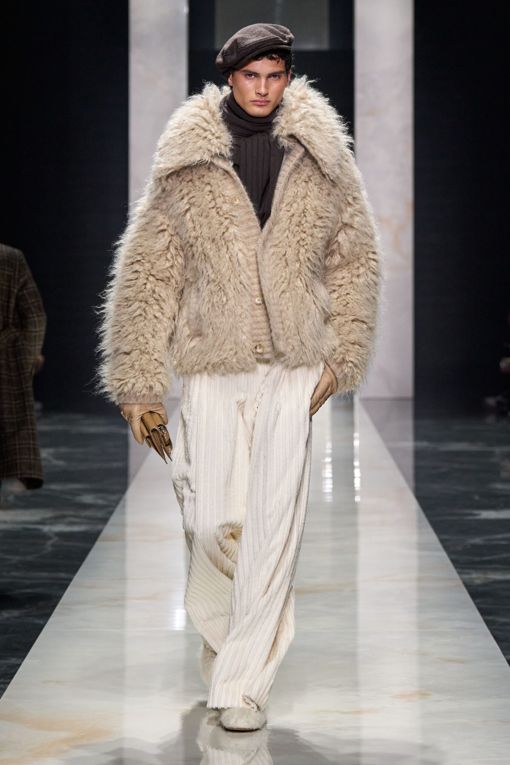 beige fur coat with striped pants