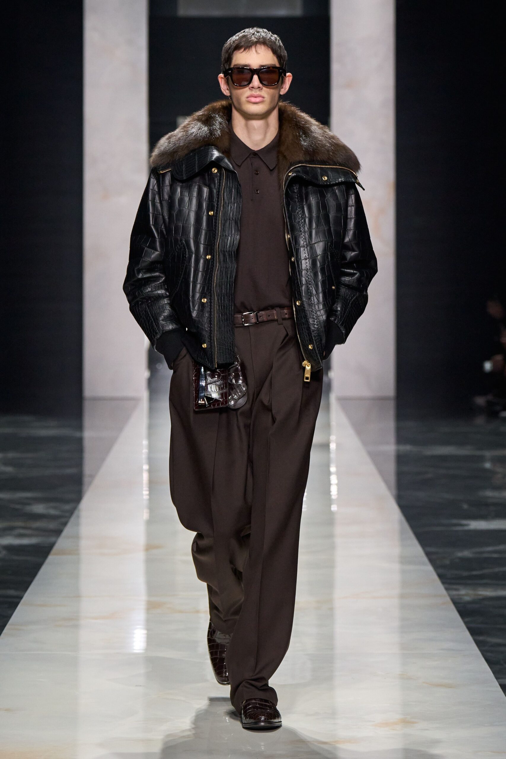 black leather jacket with brown shirt